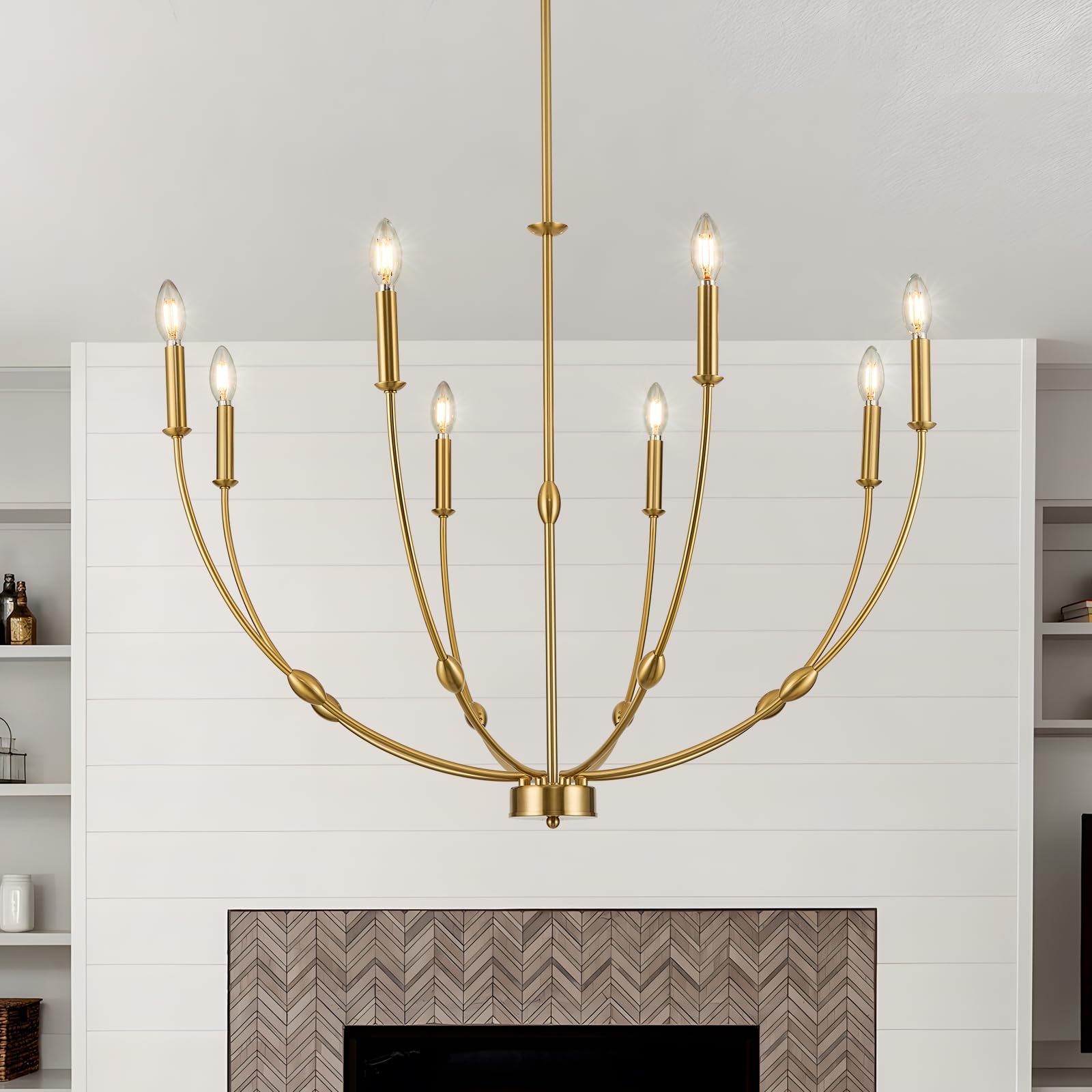 Acaner 8-Light Modern Gold Candle Chandeliers, 35 Inch Large Brass Chandelier For Dining Room, High Ceiling Pendant Light Fixtur