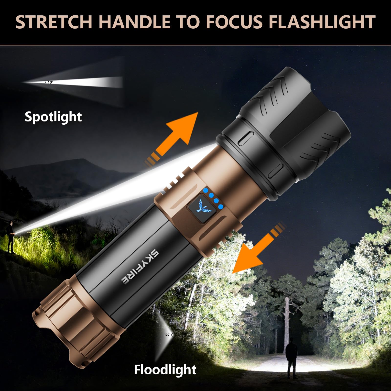 SKYFIRE Rechargeable Flashlight 3000lm Super Bright, Zoomable, Waterproof, Aluminum Alloy, Model SF-1097-Type, Color: Plus