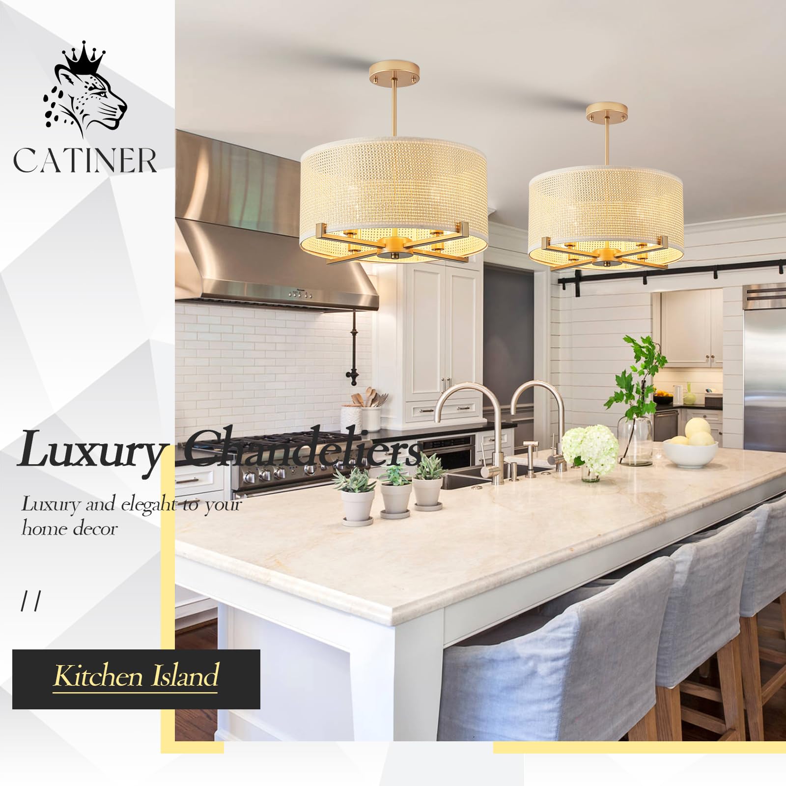Catiner 4-Light Drum Chandelier 18'' Modern Gold Semi-Flush Mount Light Fixture With Woven Rattan Shade Boho Round Ceiling Penda