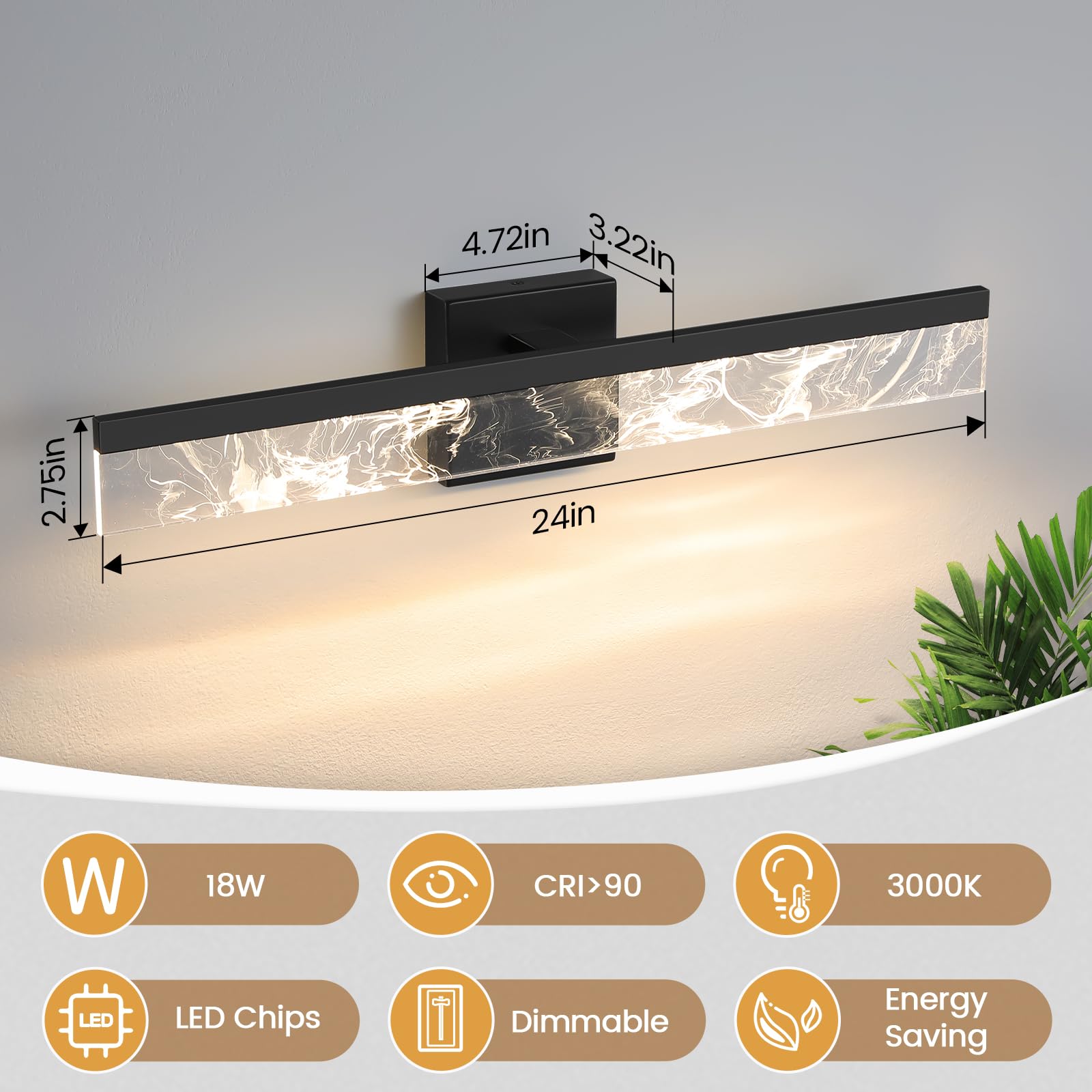 AIJIASI 24 Inch Black Vanity Light Bar - Dimmable 18W LED Bathroom Lighting Fixture for Mirror, Acrylic Material, Model 8205WL-24BK-US