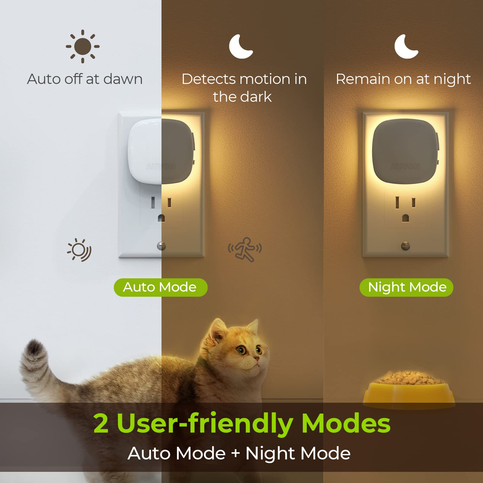 AUVON Plug-in LED Night Light with Motion & Dusk Sensors, Dimmable Amber, Adjustable Brightness, Model N001A, 2 Pack