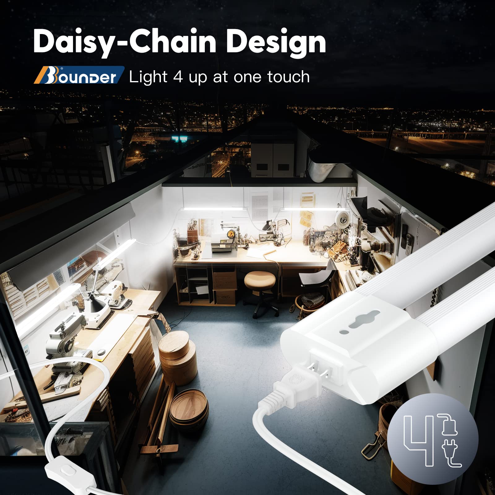 BBOUNDER 4FT Linkable LED Utility Shop Light, 4000 LM, 5000K Daylight, White, Surface & Suspension Mount