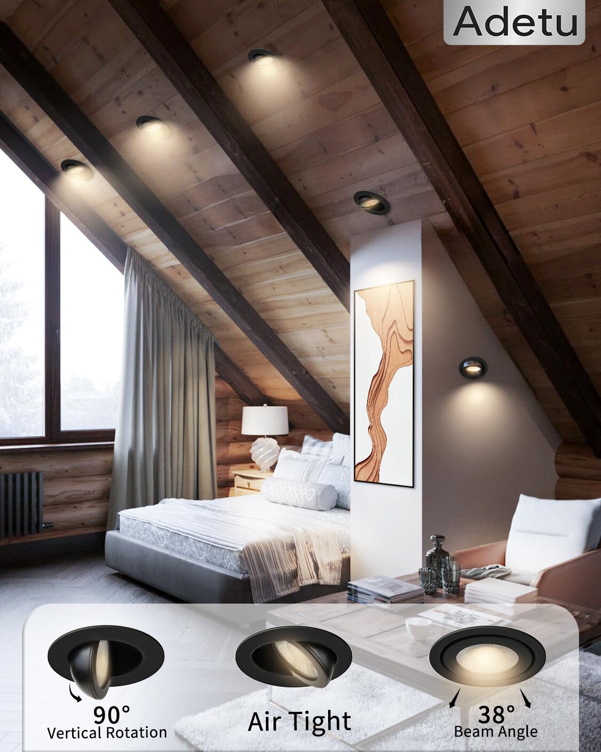 Adetu 3 Inch Gimbal Balck Led Recessed Lighting  360?90?Adjustable Directional Led Recessed Lights  2700K/3000K/3500K/4000K/5000K Dimmable Retrofit Eyeball Can Lights With Jbox Etl (Black  12 Pack)