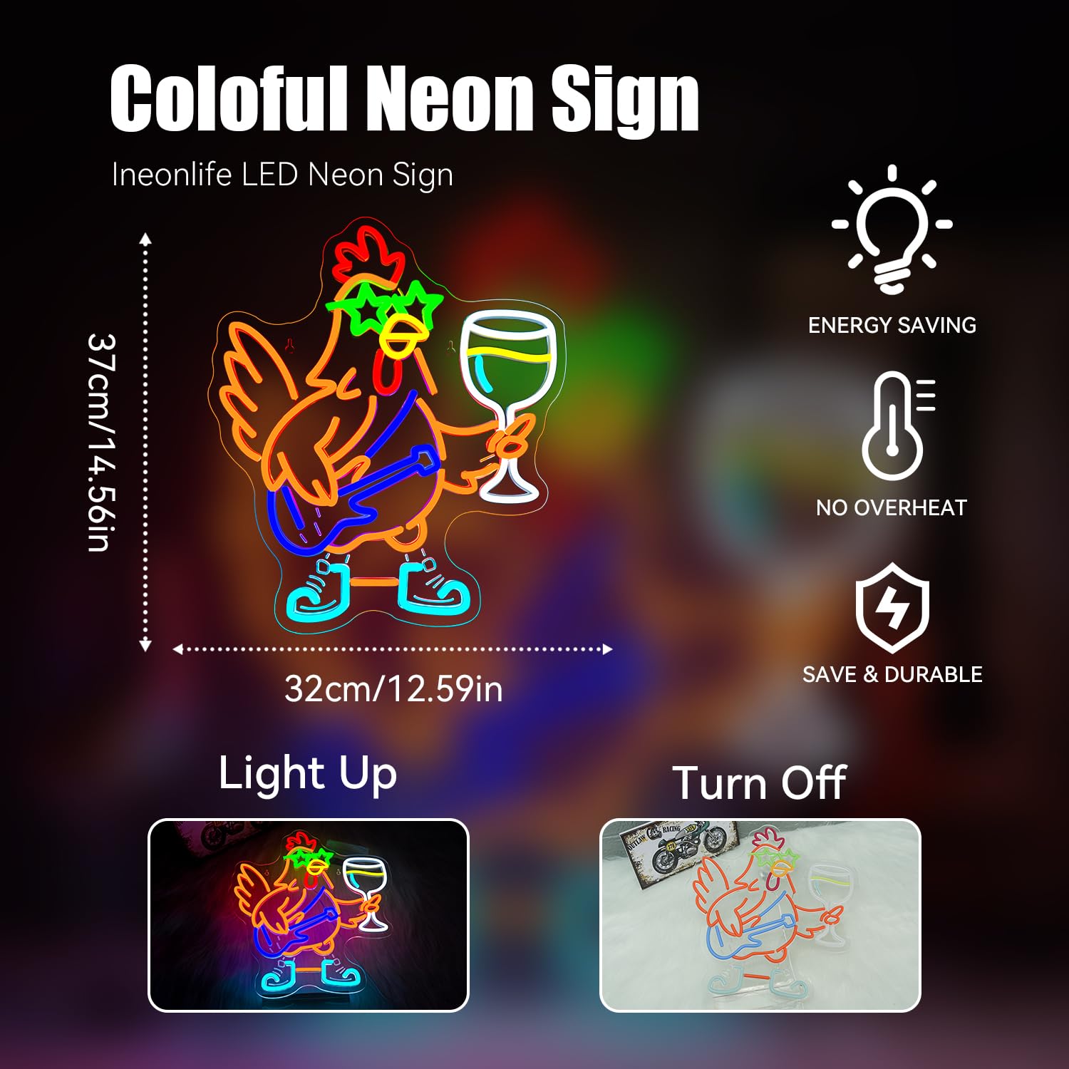 Ineonlife Thanksgiving Lights Turkey Neon Signs For Wall Decor Thanksgiving Decorations Outdoor Rock Chicken Turkey Neon Sign Led Sign Neon Lights For Bedroom Festival Holiday Bar Man Cave Club Party Home Decoration Gifts
