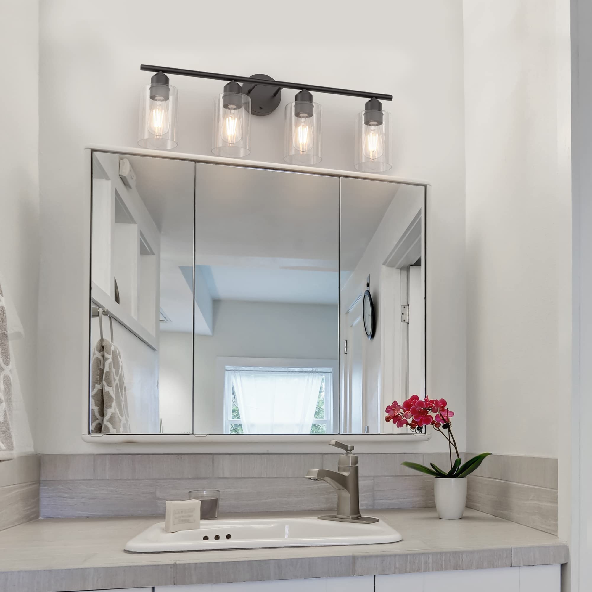 Espird Bathroom Vanity Light Fixture, 4 Light, Black, Rustic Farmhouse Style, Glass Shade