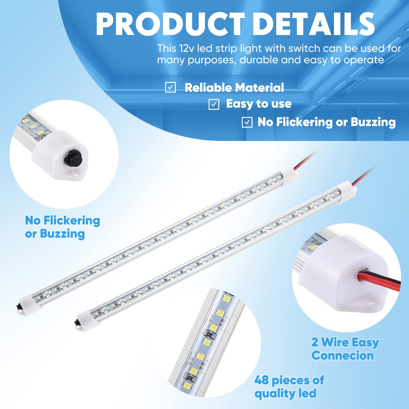 Funtery 8 Pcs 12V LED Light Bar - White Interior Lighting with Switch & Magnets for Cars, Trucks, Vans, and Indoor Use