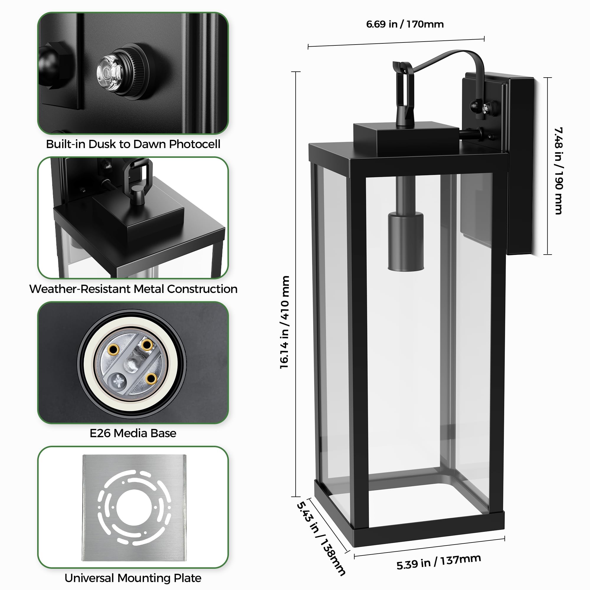 Doresshop 24 Inch Large Size Dusk To Dawn Outdoor Wall Lights, Matte Black Waterproof Anti-Rust Outdoor Light Fixtures Wall Moun