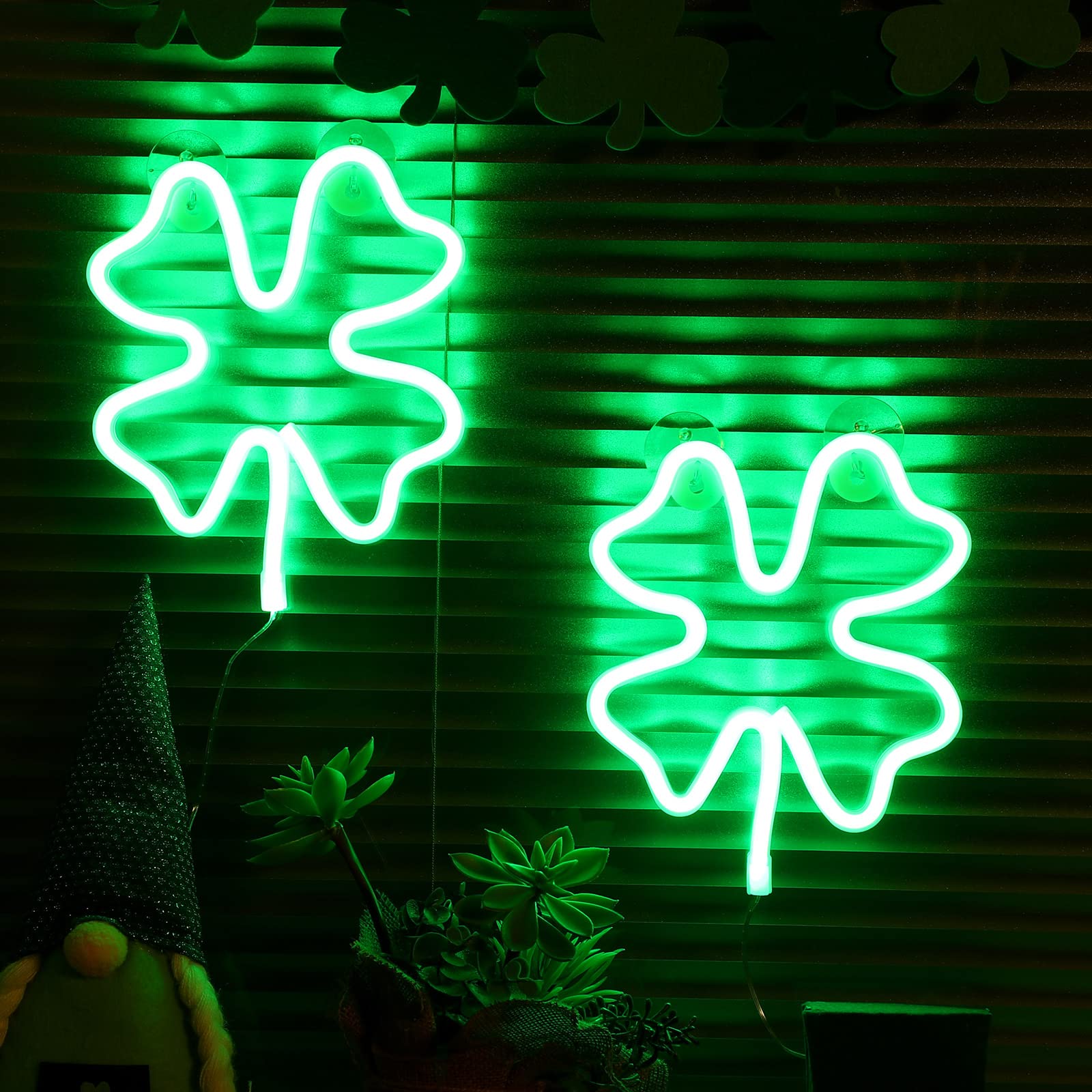 Nuanchu St. Patricks Day Window Decoration, Shamrock Window Lights Green Four Leaf Neon LED Light for St. Patricks Day Irish W