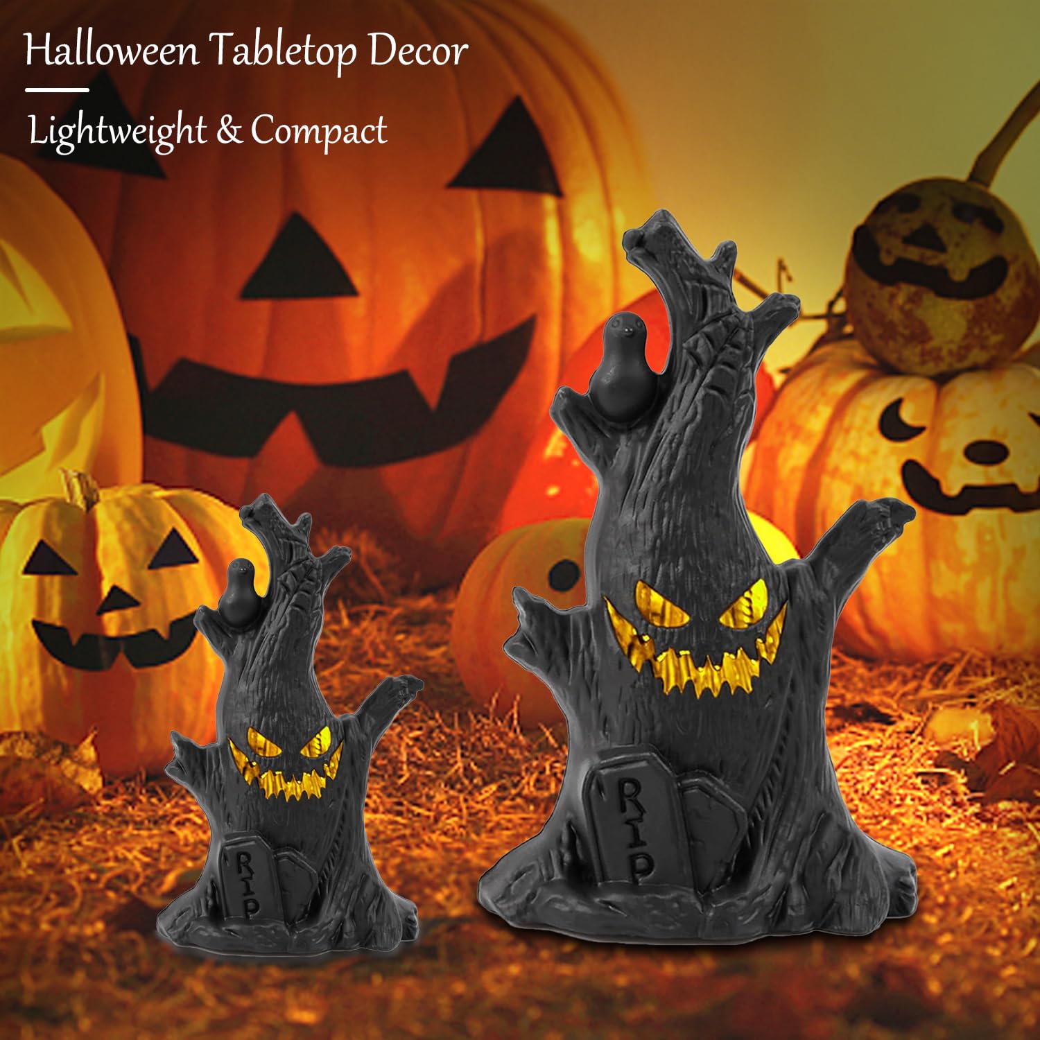 Lifnatty Halloween Tree Lights Decorations - 2 Pack, Battery Operated, Black Resin, Haunted Tree with Glowing Eyes