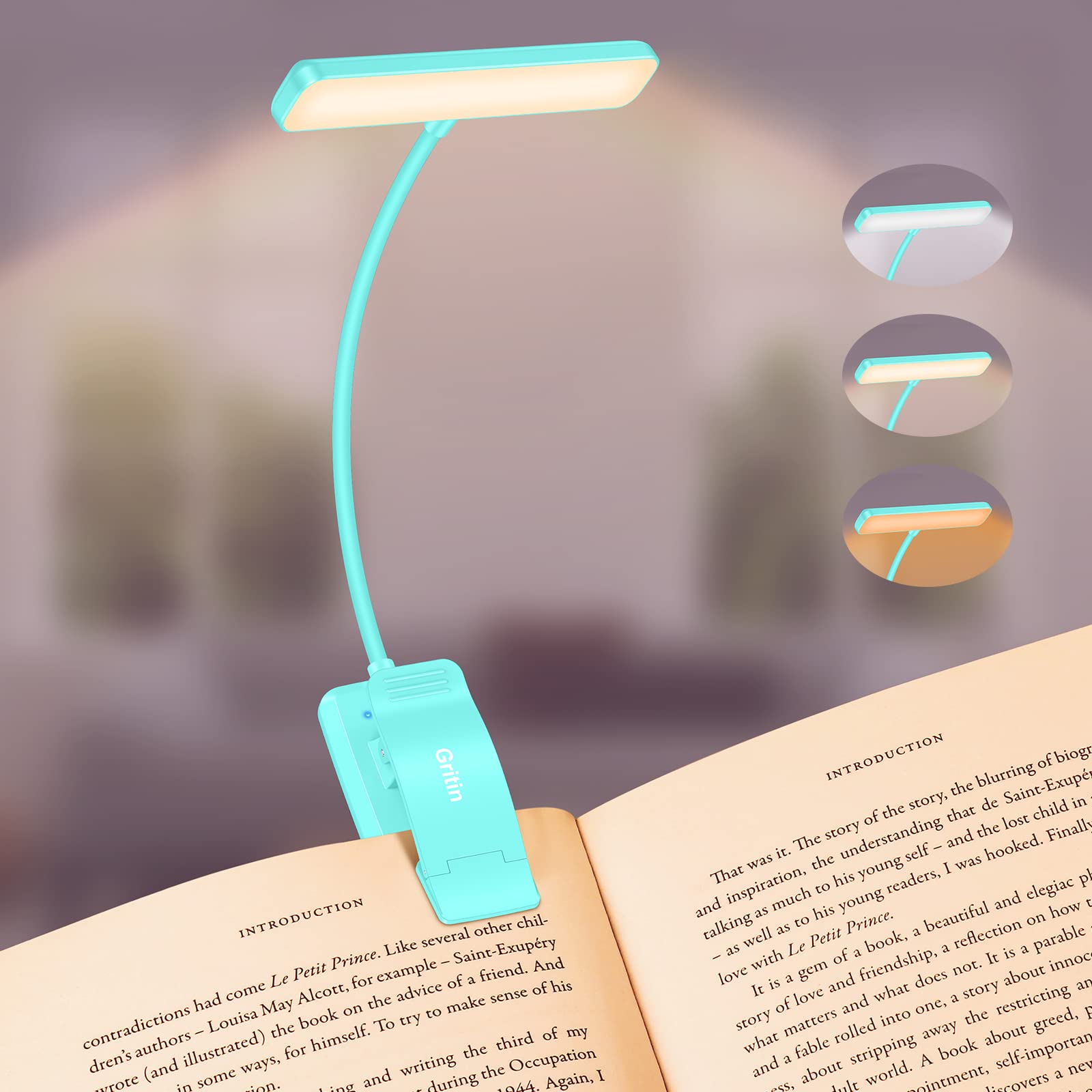 Gritin LED Rechargeable Book Light - 3 Color Temperatures, Stepless Dimming, 80 Hrs Runtime, Clip-On, Blue, Model G1326