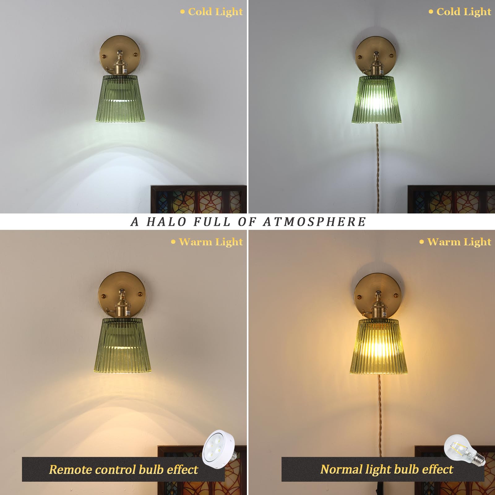 Shenmoyl Wall Sconce, Green Stripe Glass Lampshade, Plugin Design, Model 1-9336