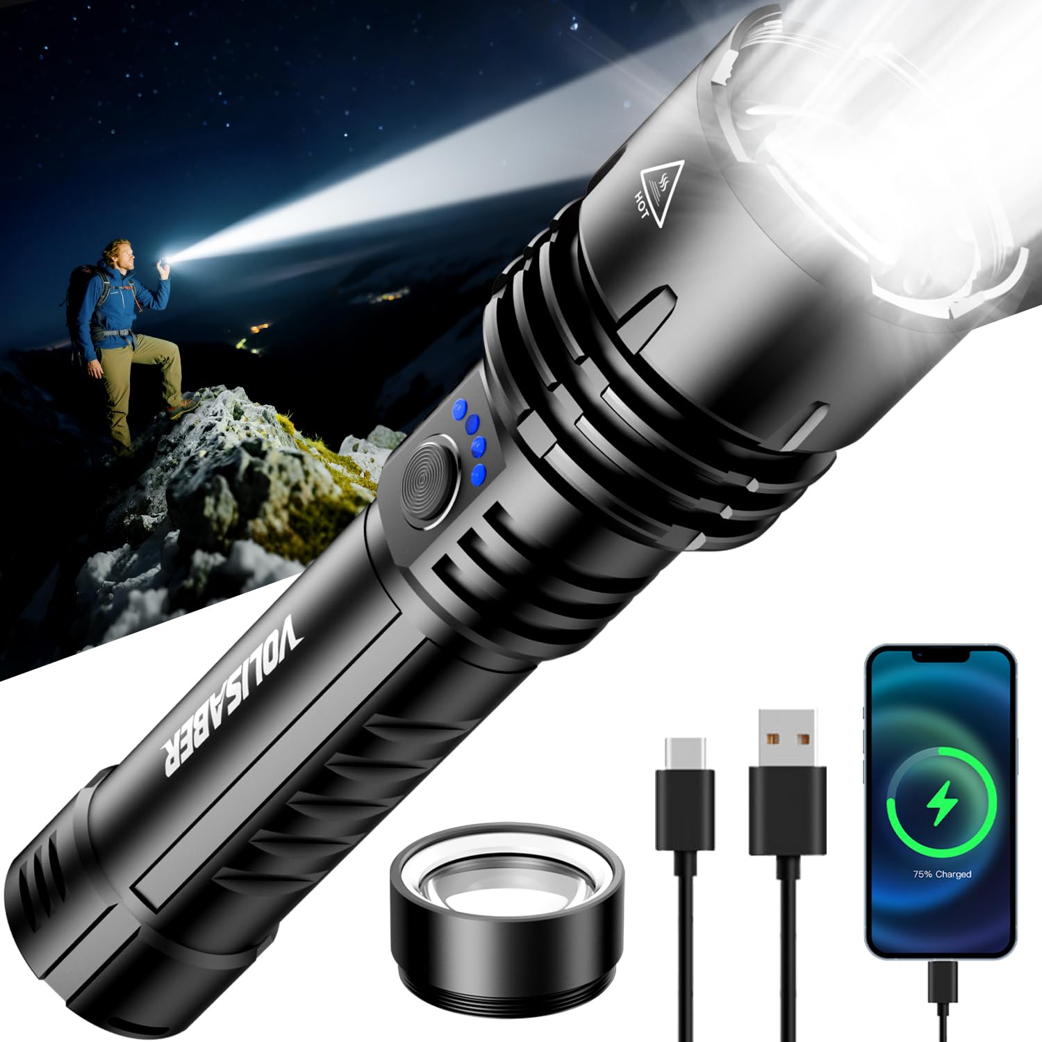 VOLISABER Flashlight 2000 High Lumens with Ignition Lens, Rechargeable Super Bright Zoomable LED Flash Light, 5 Modes Waterproof