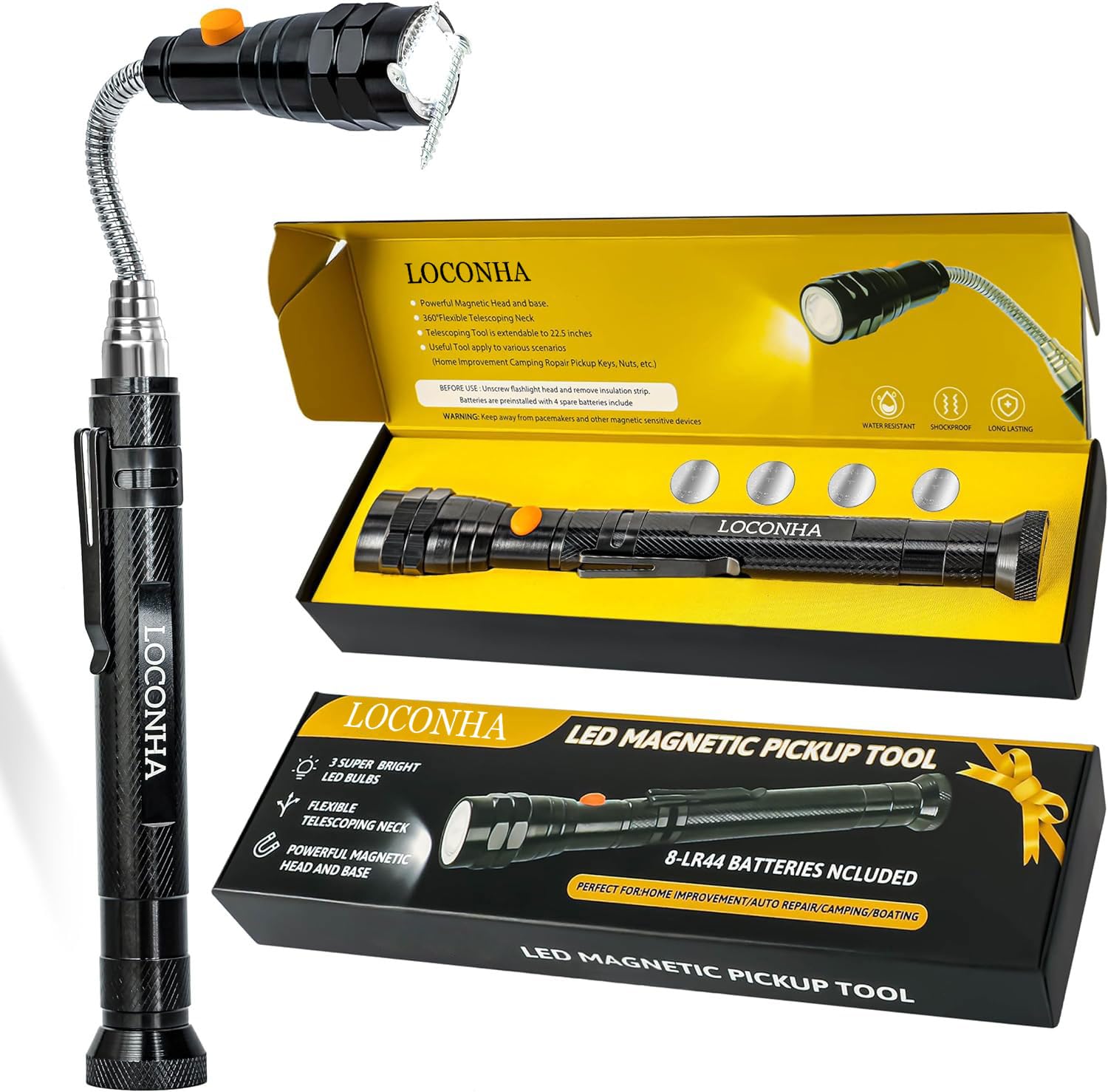 LOCONHA Magnetic Pickup Tool with LED Lights, Telescoping, Aluminum, 1 PACK, Black, Model CXD
