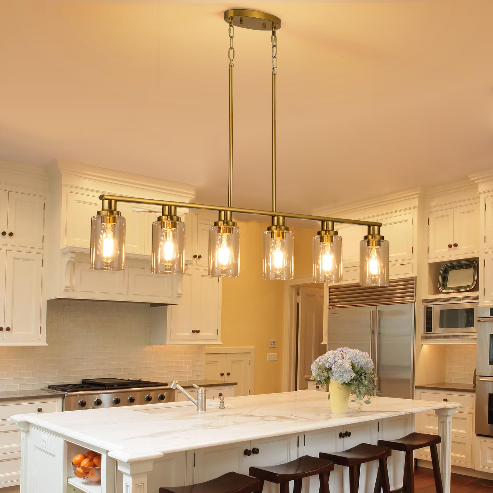Kpiok Kitchen Island Lighting, 6-Light Modern Dining Room Light Fixture Over Table,44.3'' Vintage Farmhouse Gold Linear Chandelier, Industrial Pendant Lights For Kitchen Island With Clear Glass Shade