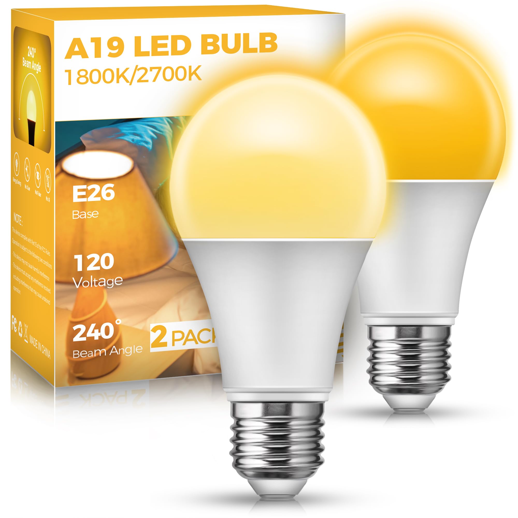 Jandcase Warm Light Bulbs, Led Amber Light Bulb For Sleep, 2700K & 1800K Sleep Light Bulbs, Blue Light Blocking, E26 A19 Warm Li