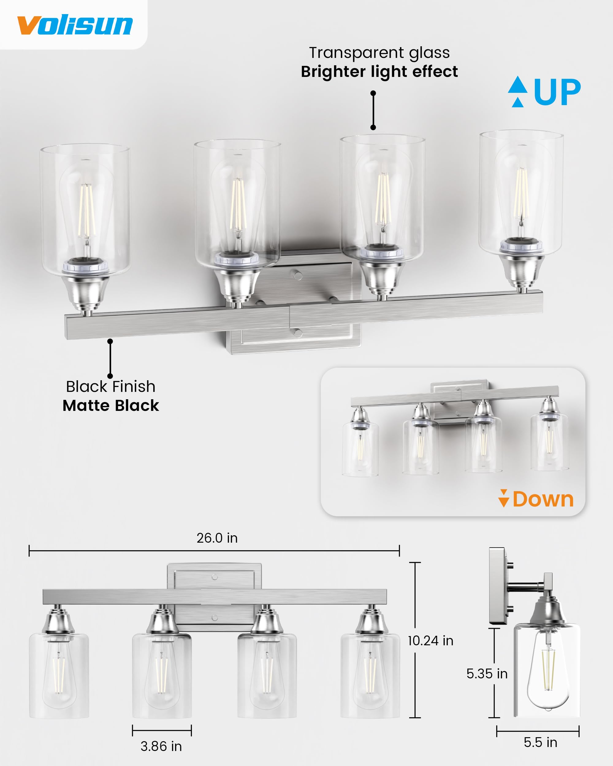 Volisun 4-Light Bathroom Light Fixtures, Brushed Nickel Bathroom Vanity Light Over Mirror, Modern Vanity Light For Bathroom, Bat