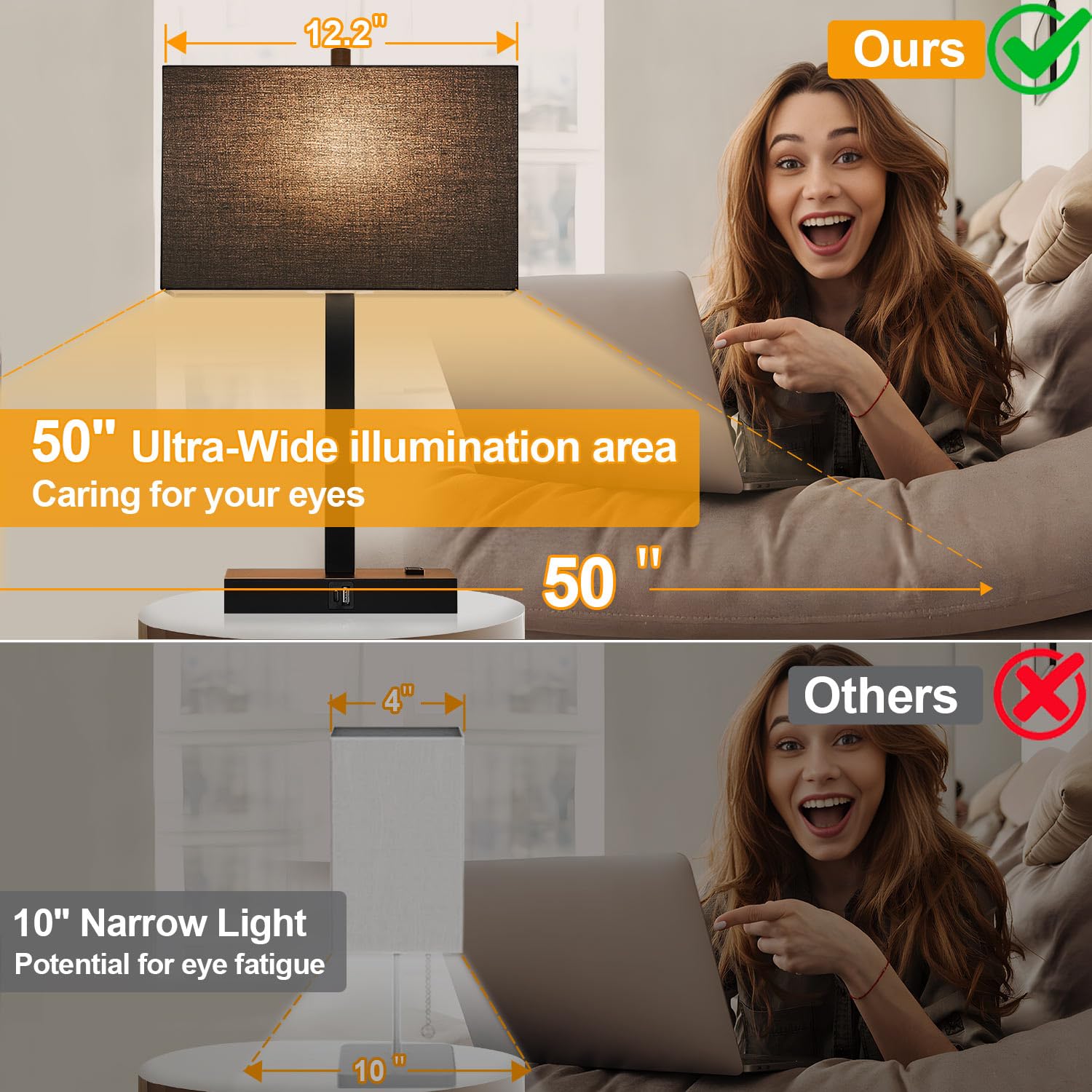 Lynnoland 21'' Set Of 2 Table Lamps With 2 Usb & Ac Outlets, Touch Control 3-Way Dimmable Modern Nightstand Lamps For Living Roo