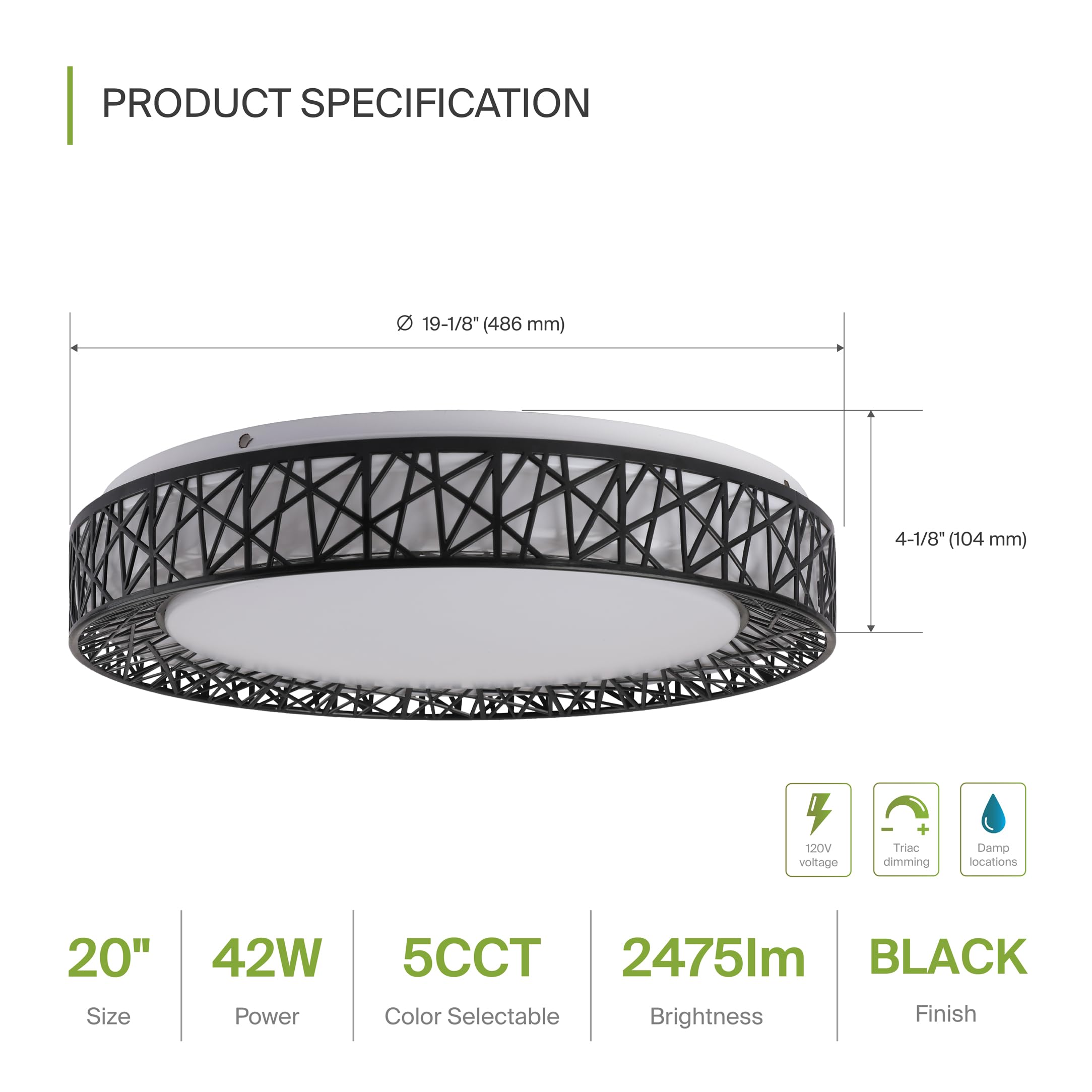 Asd 20 Inch Led Flush Mount Ceiling Light - Matte Black Modern Ceiling Light Fixture 42W 2475Lm, 2700-5000K Adjustable Dimmable