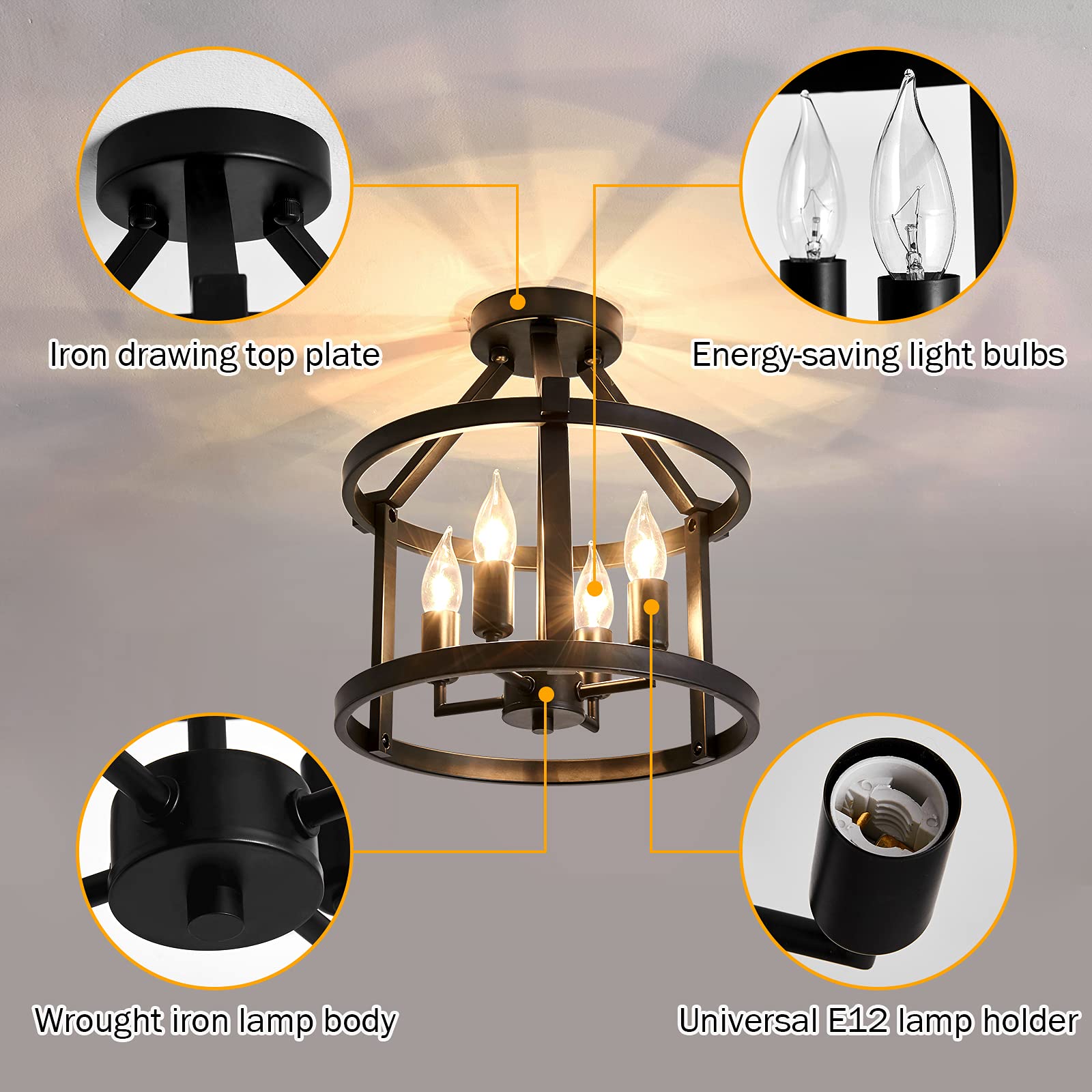 UOFUS Metal Semi Flush Mount Ceiling Light Fixture, 4 Candle Holder Chandelier, Black, Model Y48 for Dining Room, Bedroom, Kitchen