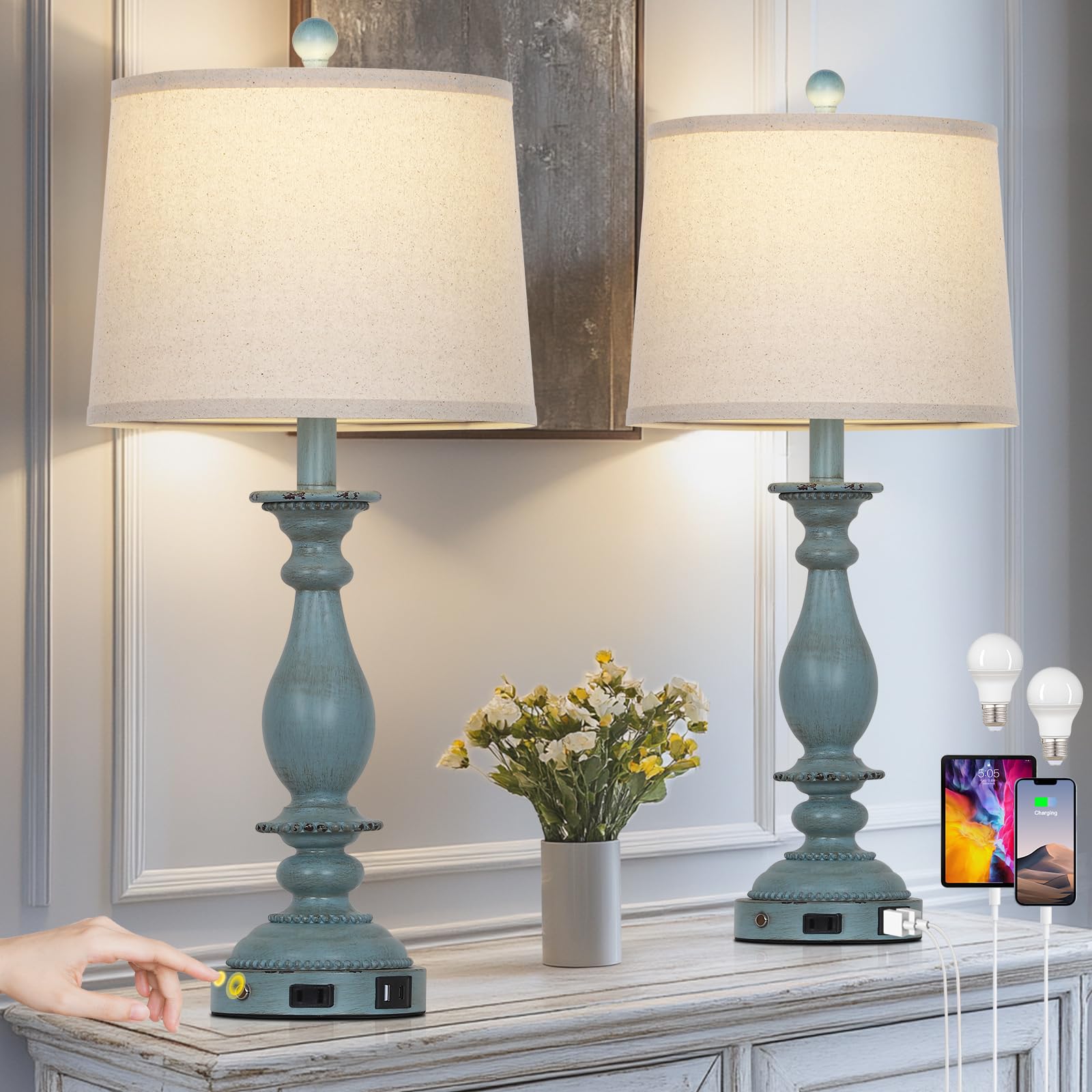 Cinsary 28'' Tall Coastal Table Lamps For Living Room Set Of 2, Farmhouse Rustic Blue Bedside Touch Lamp With Usb C+A Ports & Ou