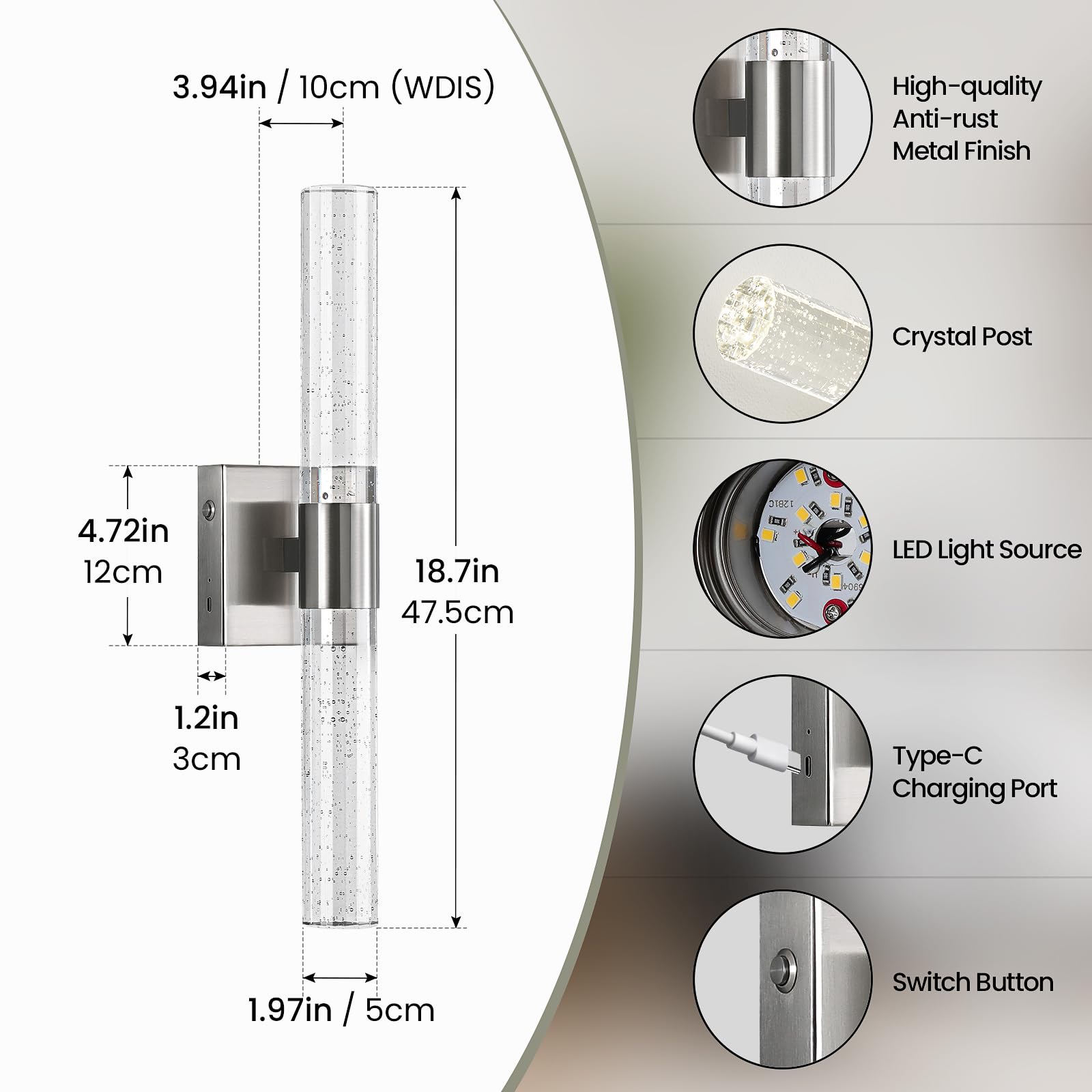 Ccycol Wireless Wall Sconces Set Of Two Battery Operated, 4000K Dimmable Crystal Led Bathroom Sconces Wall Lighting Modern Indoo