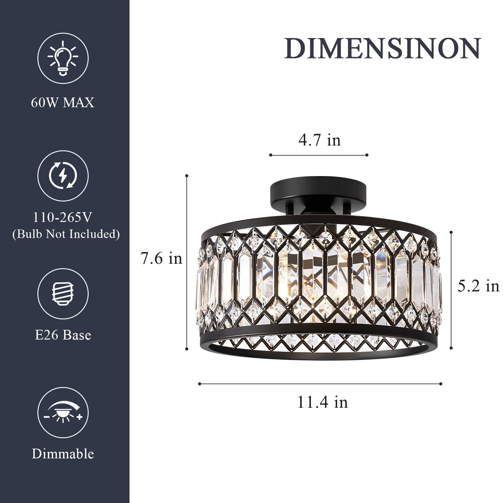 Pevfah 11.4 Black Crystal Semi Flush Mount Ceiling Light Fixture - Modern Round Lighting for Kitchen, Hallway, Bedroom, Laundry Room
