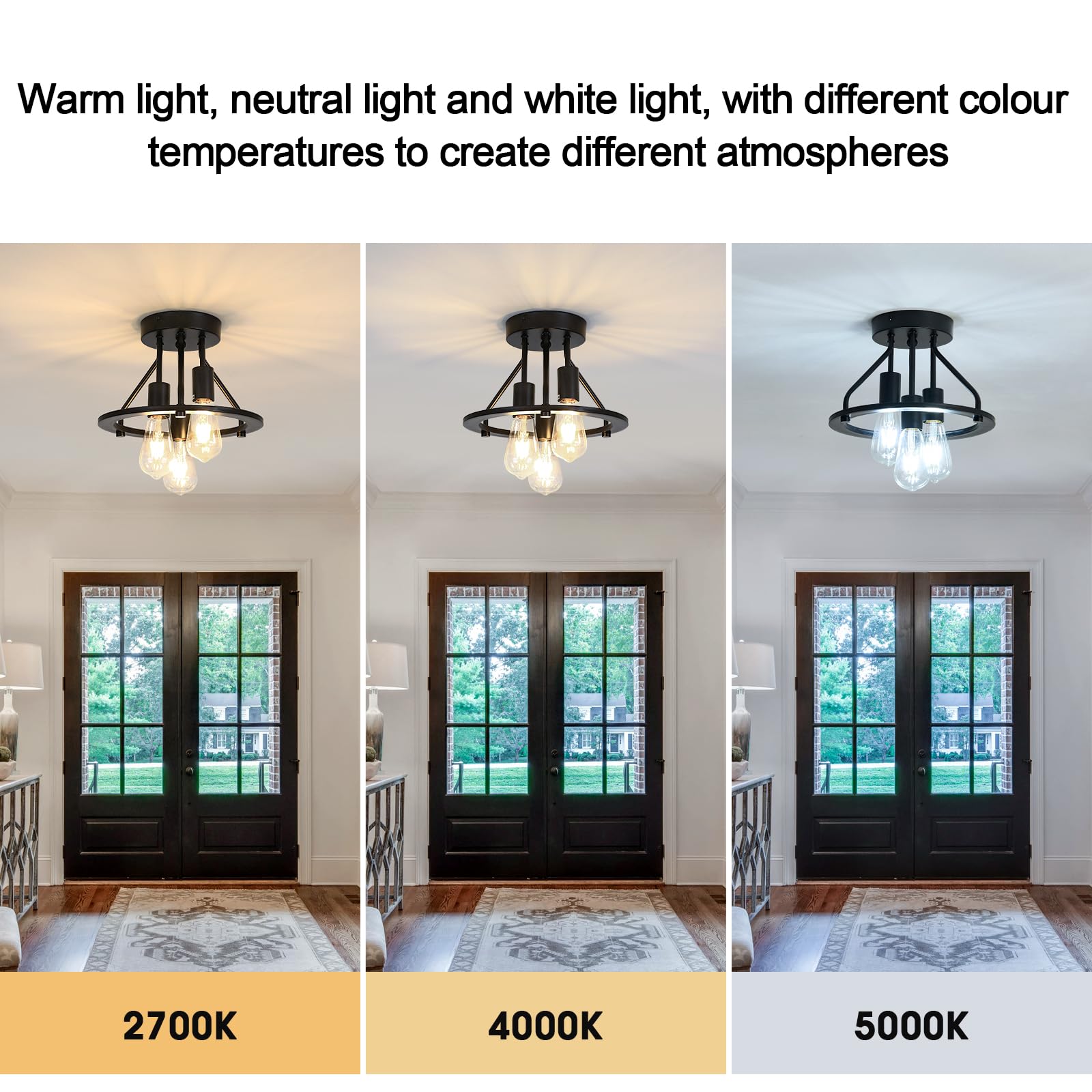 Qgiytp Semi Flush Mount Ceiling Light Fixture 3-Light Matte Black Ceiling Light E26 Edison Farmhouse Industrial Small Chandelier