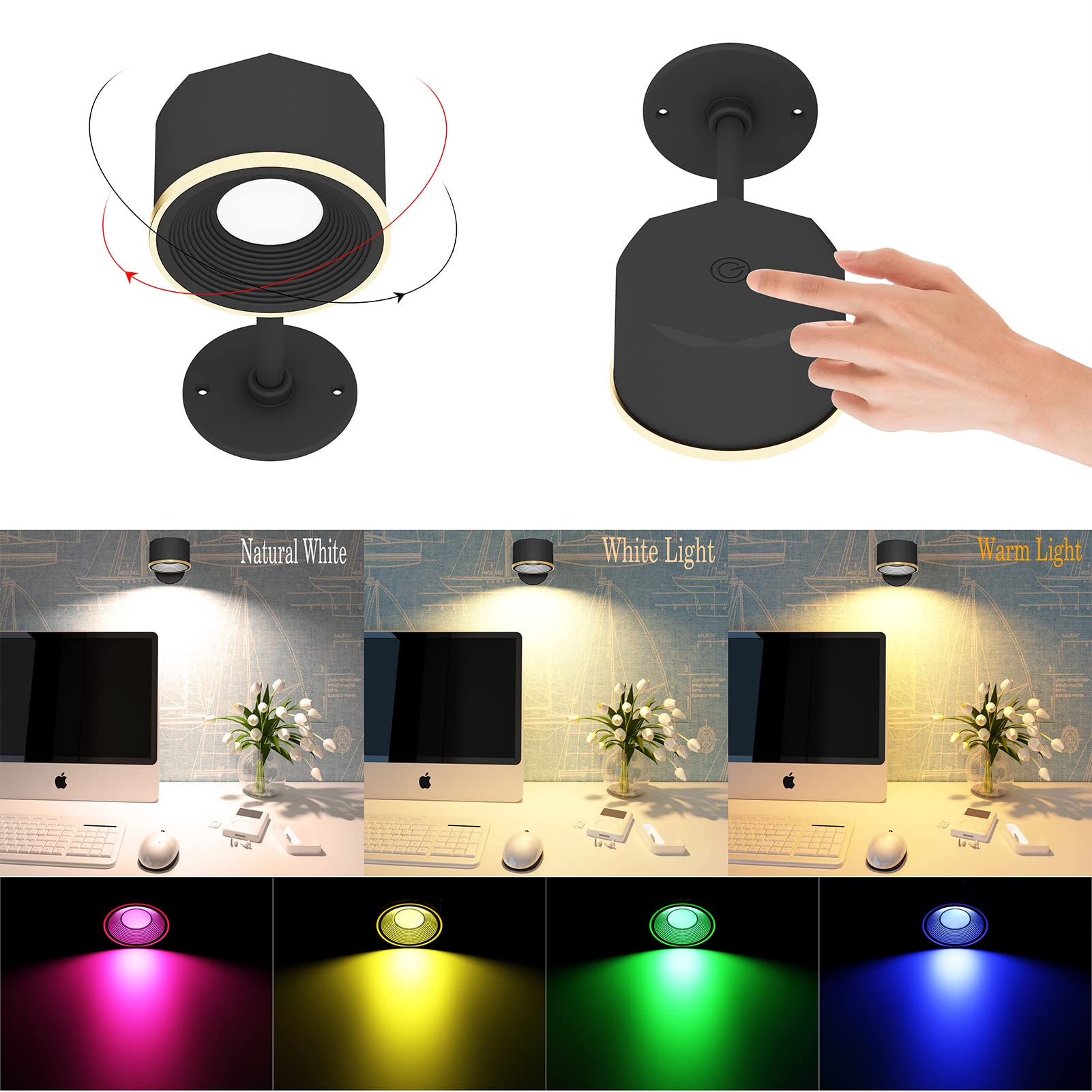 Yuewilai Magnetic Wall Sconce 16 Rgb Colors Dimmable, 2 Pack Rechargeable Battery Operated Usb, Picture Painting Wall Light With Remote, 360° Rotate Magnetic Ball Led Wall Mounted Lamp (Black)