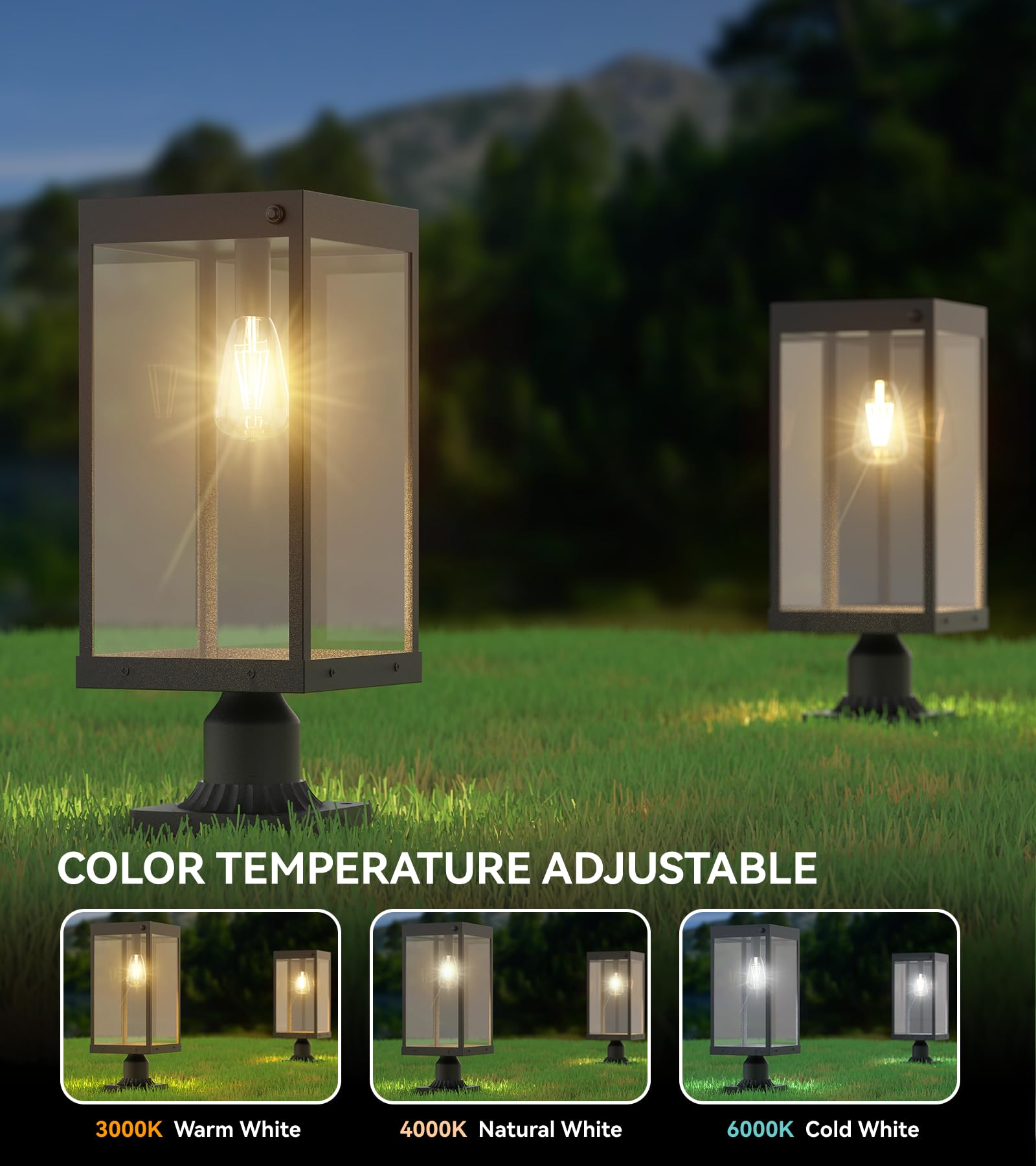 KAE KAQUR 20 Large Solar Post Lights with Pier Mount Base, Adjustable 3000K/4000K/6000K & Dusk-to-Dawn Sensor, Remote Control,