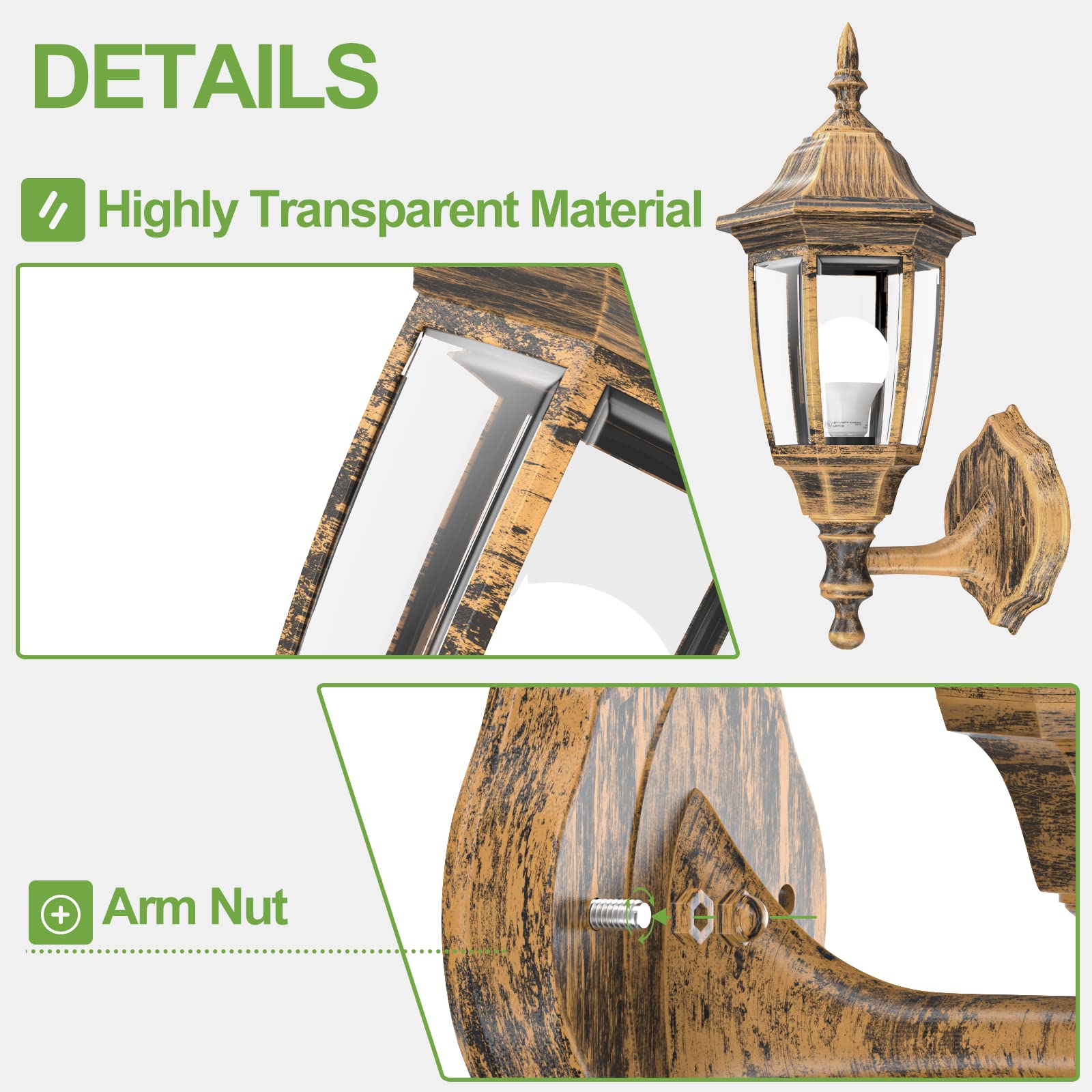 EMART Outdoor Porch Light - Waterproof Wall Mount Lantern, Brushed Gold, Plastic, Model EM-GGL-2, Bulb Included