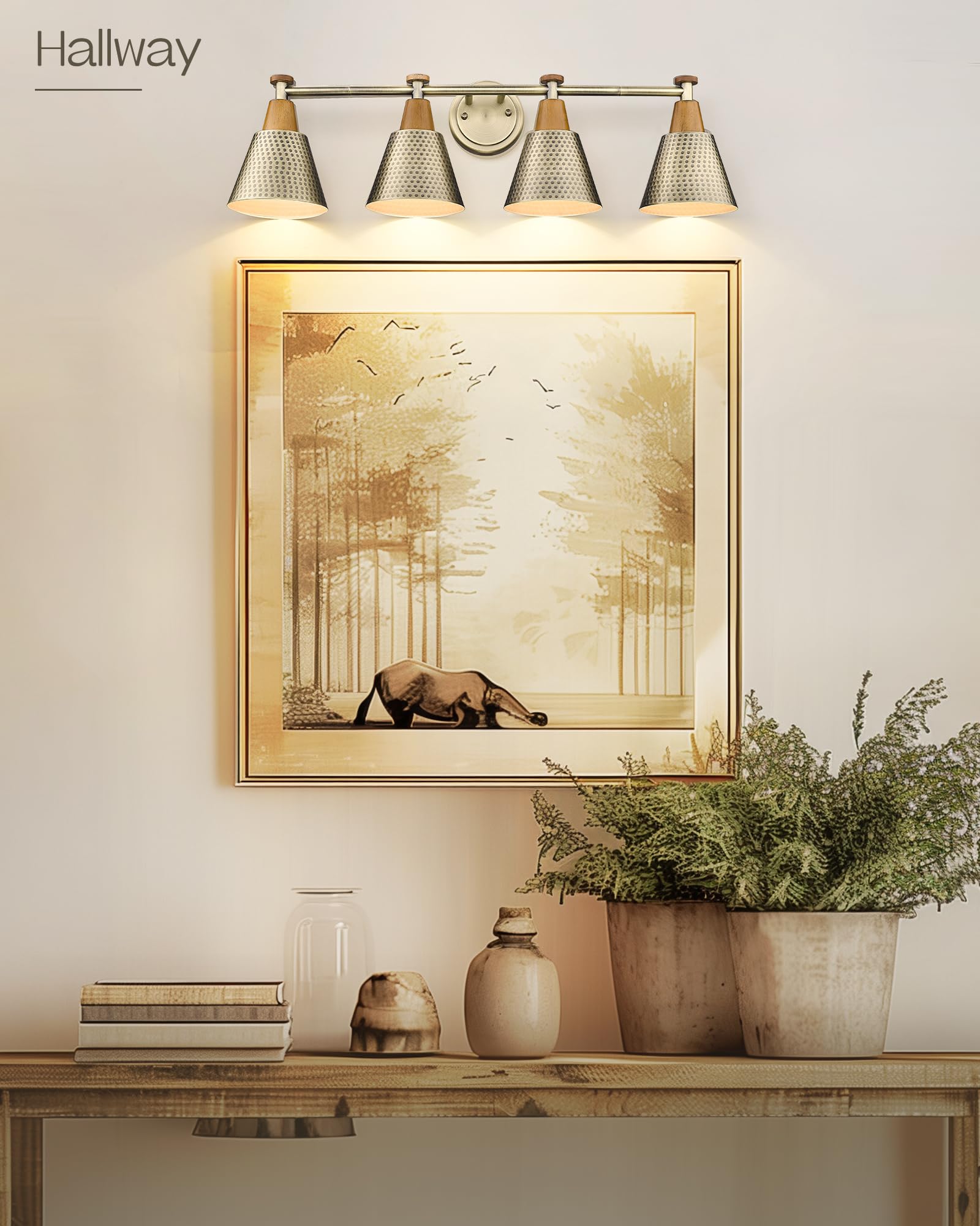 FEMILA 4-Light Bathroom Vanity Lights, Antique Brass Wall Sconces with Hammered Metal Shade Finish