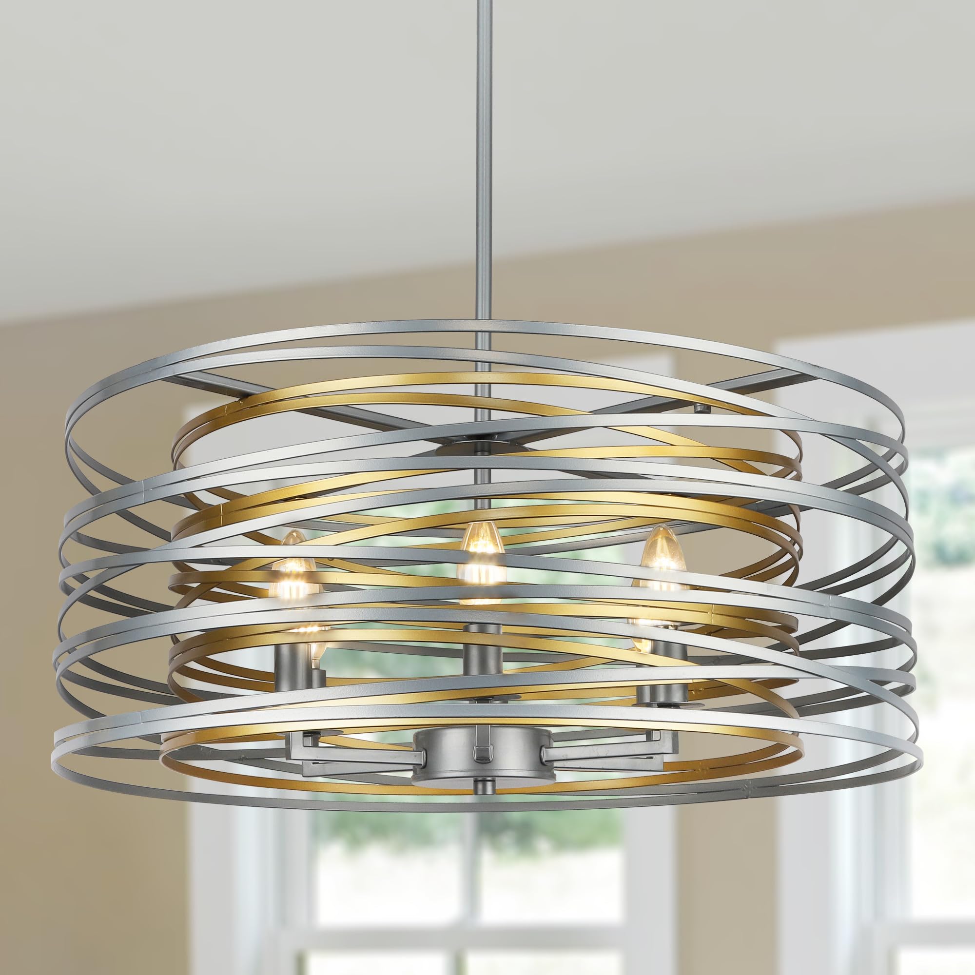 ACNKTZ 23.6'' Large Vintage Round Chandelier, 6-Light Modern Farmhouse Lantern Chandelier, Antique Double Drum Chandelier for Di