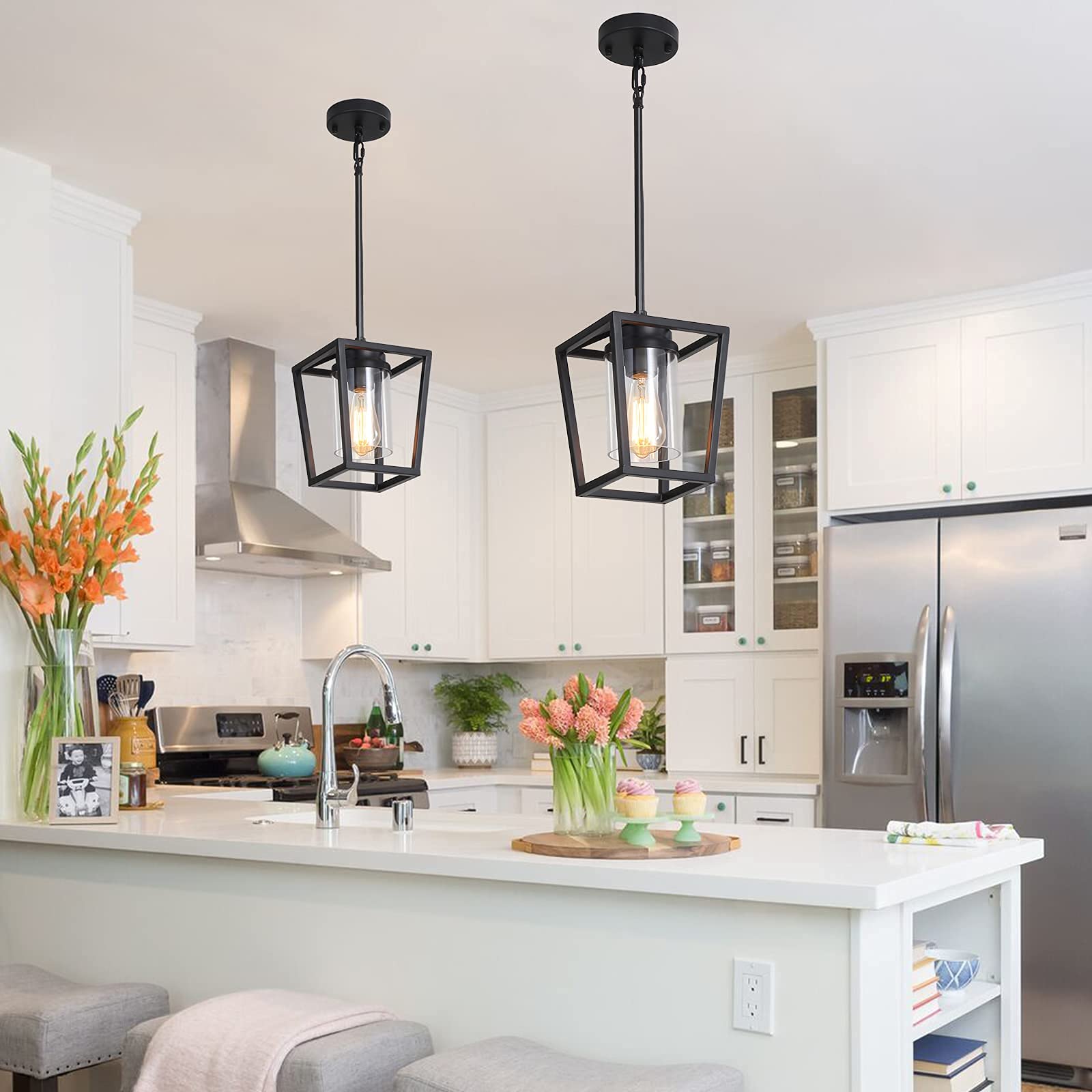 SGLfarmty 1-Light Black Metal Pendant Light Fixture with Glass Shade, Adjustable Lantern for Kitchen Island, Dining Room, Entryway