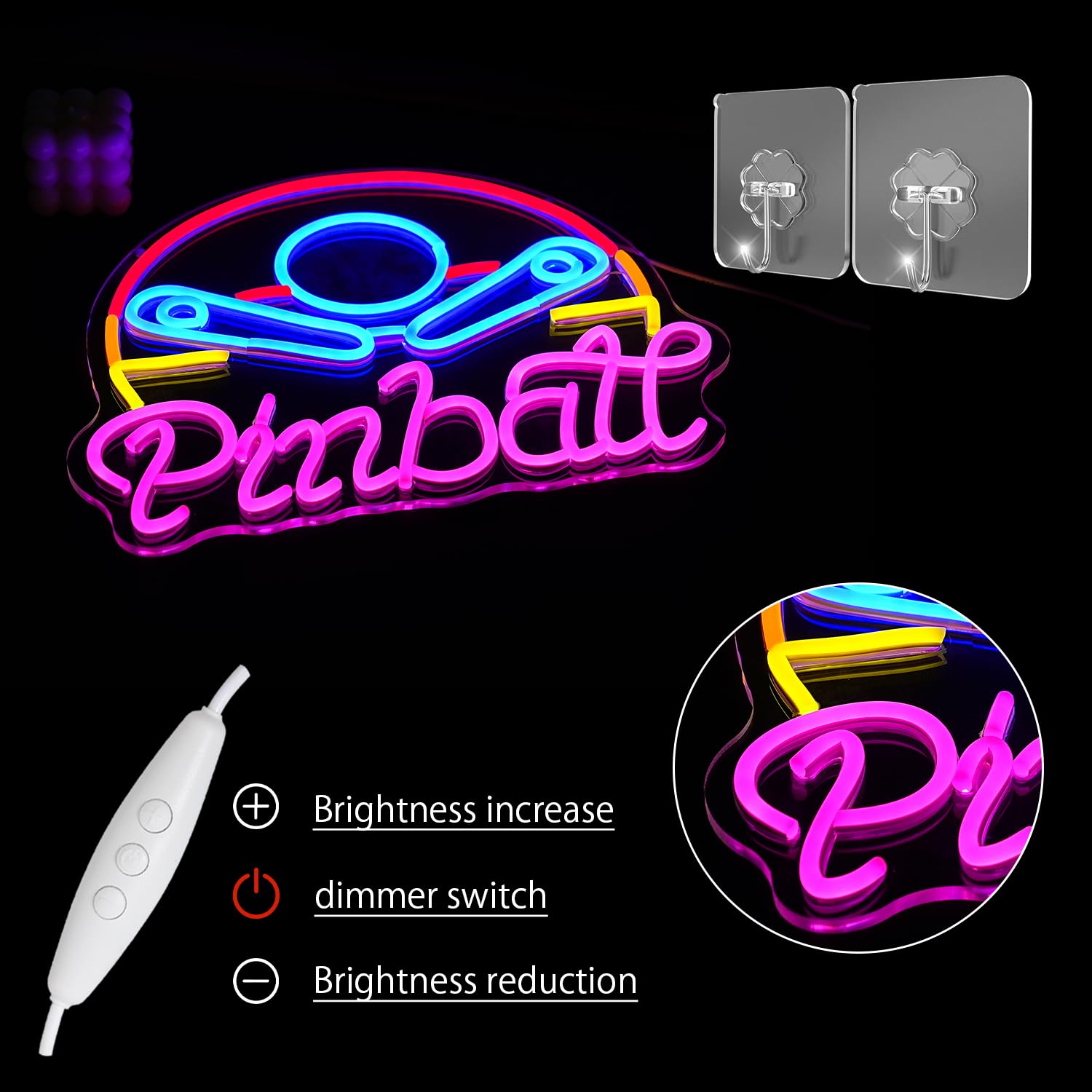 LULANMP Pinball Neon Sign - Colorful LED Acrylic Light for Game Room, 14.6inx12.9in, USB Powered