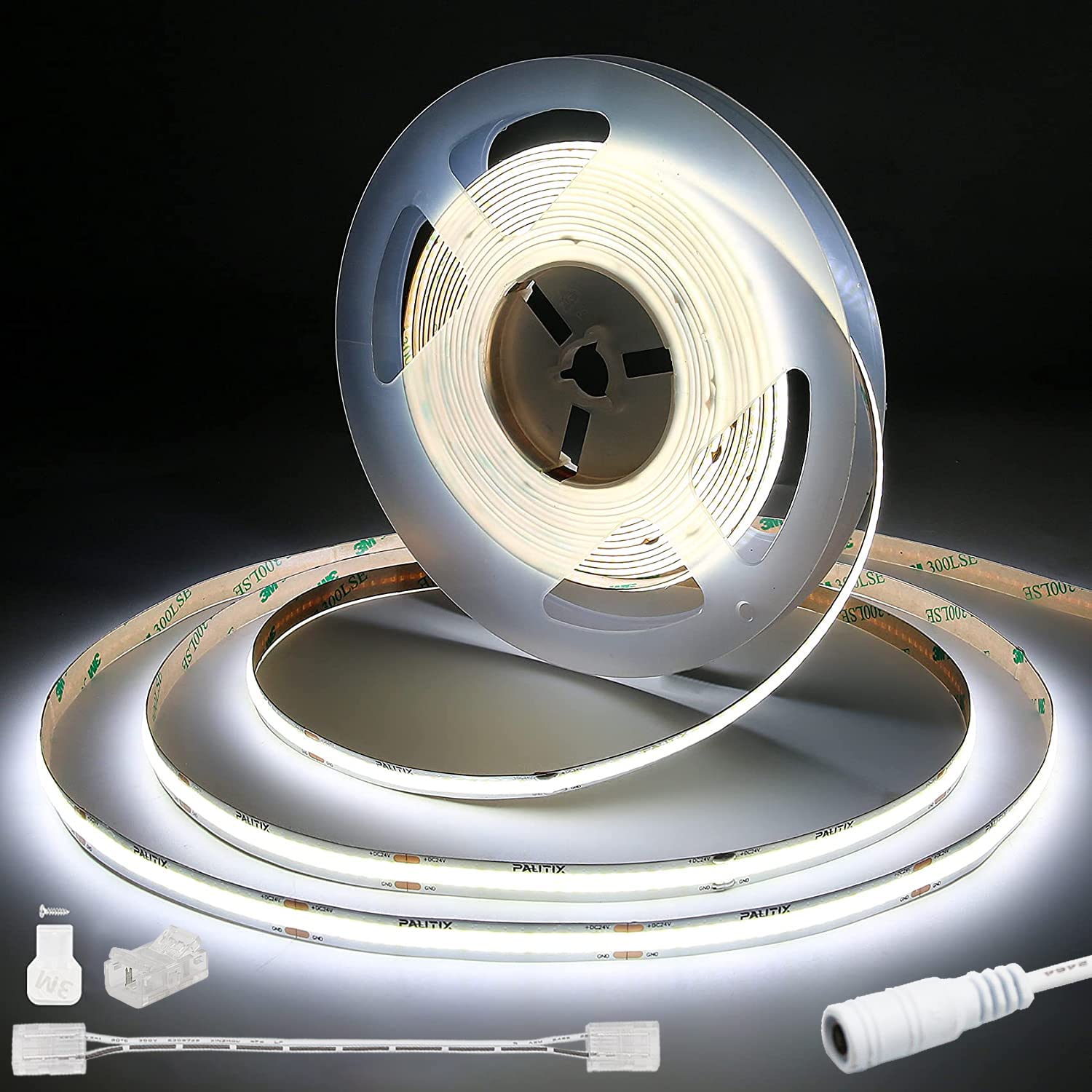 PAUTIX COB LED Strip Lights White 5000K, 20ft/6.1m Super Bright CRI90+ Flexible LED Tape,DC24V for Cabinet Home DIY Lighting Projects with 1pcs Solderless Extension Wire(Power Supply Not Included)