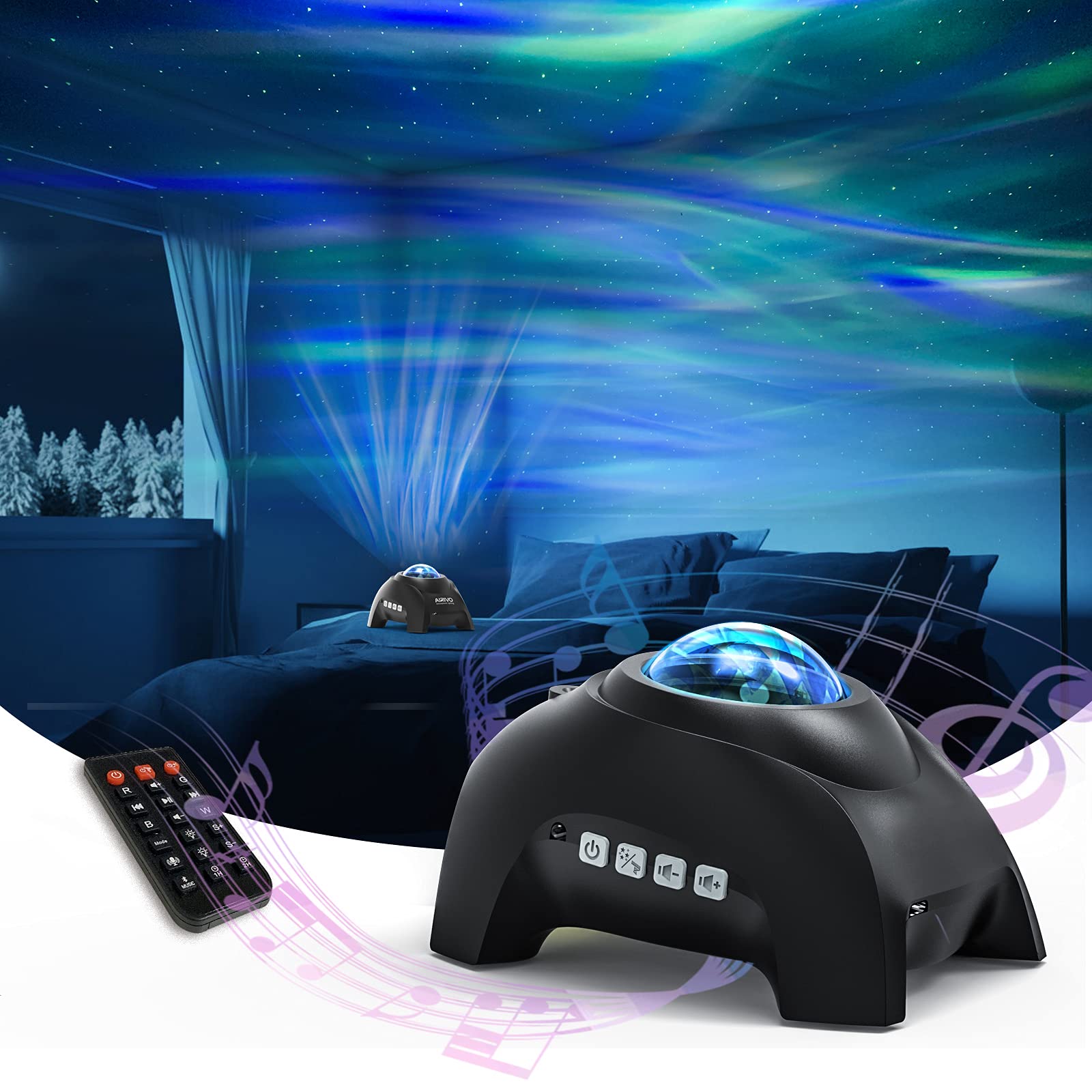 AIRIVO Northern Lights Aurora Projector, Music Speaker & White Noise Night Light, Black, Model HJ-09 for Home Decor and Parties