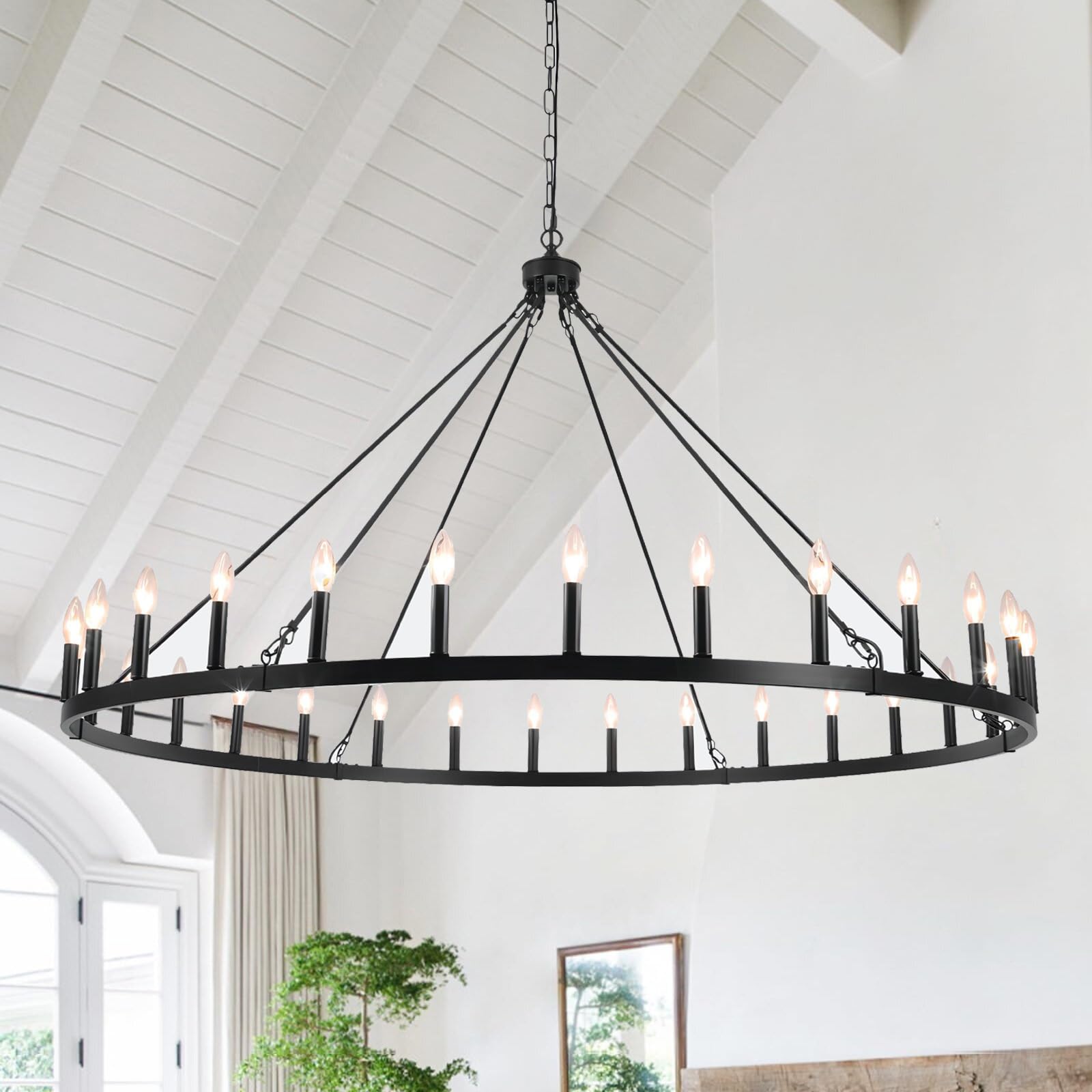 Sjccdsgs Black Extra Large Wagon Wheel Chandelier, 60 Inch 30 Lights Farmhouse Chandelier, Industrial Candle Round Pendant Light