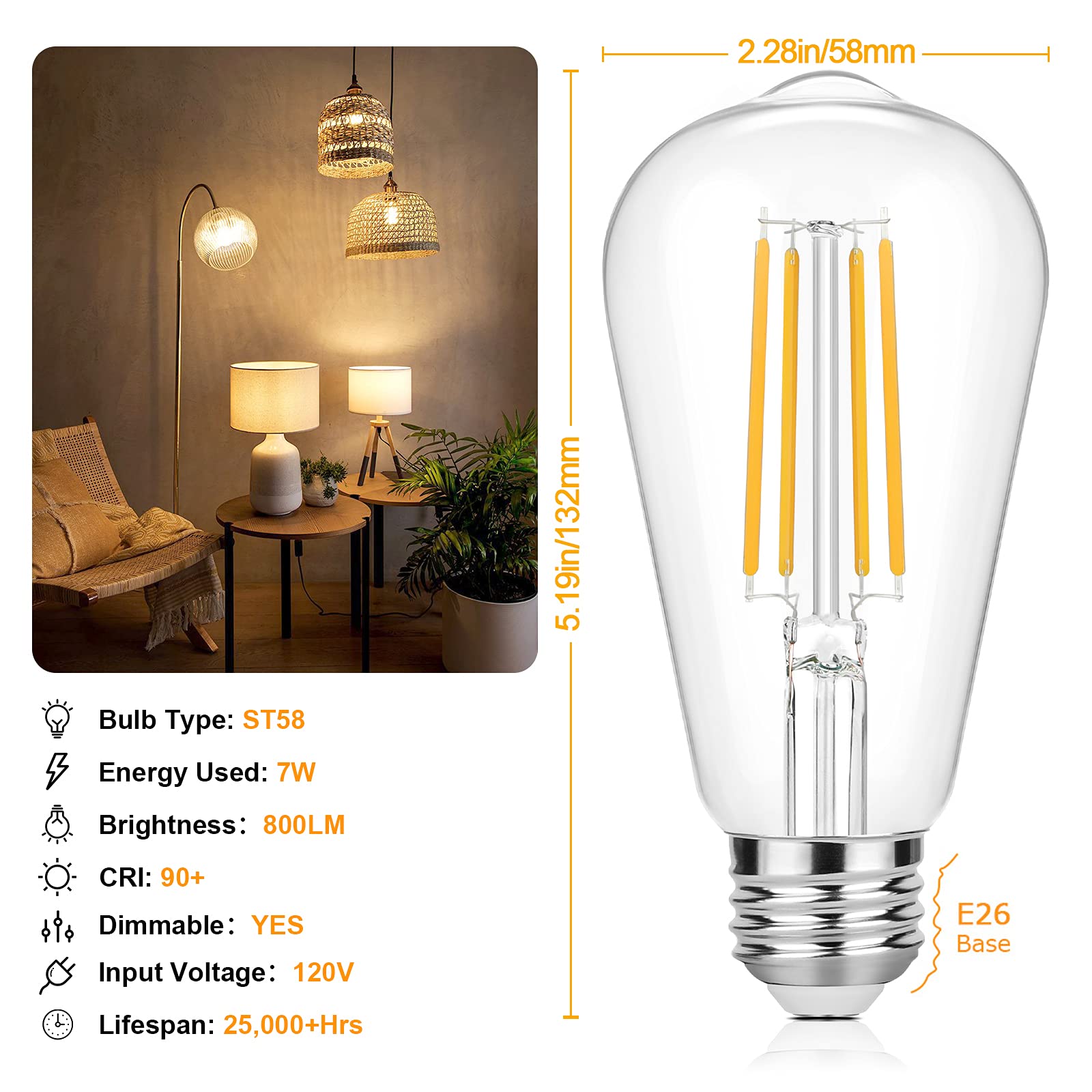 Sucolite Vintage LED Edison Bulbs 7W ST58 Warm White 3000K 12 Pack Clear Glass E26 Medium Base Dimmable 800LM