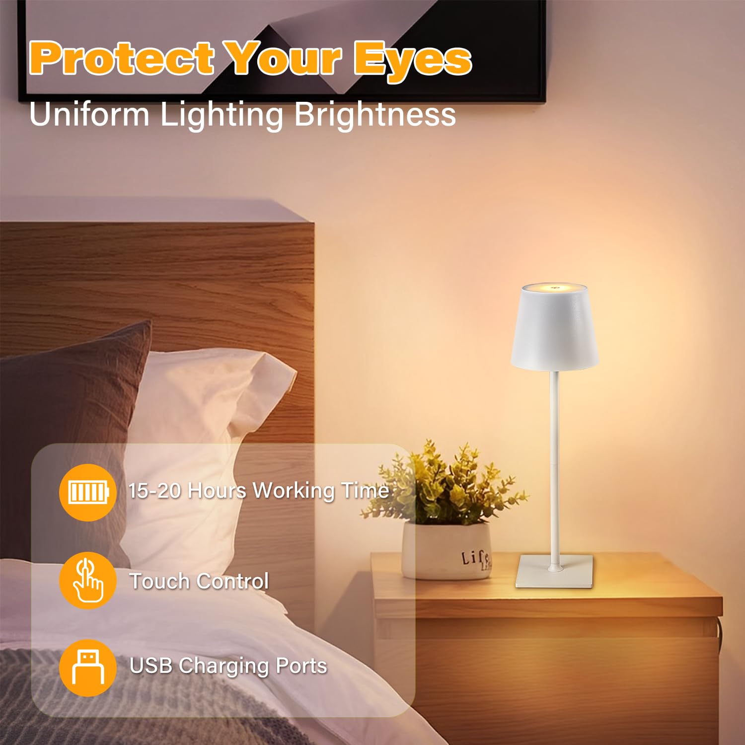 CHLORANTHUS Cordless Table Lamps, 2 Pack, Stepless Dimming, 5000mAh Rechargeable, White - Model: table-lamp -15