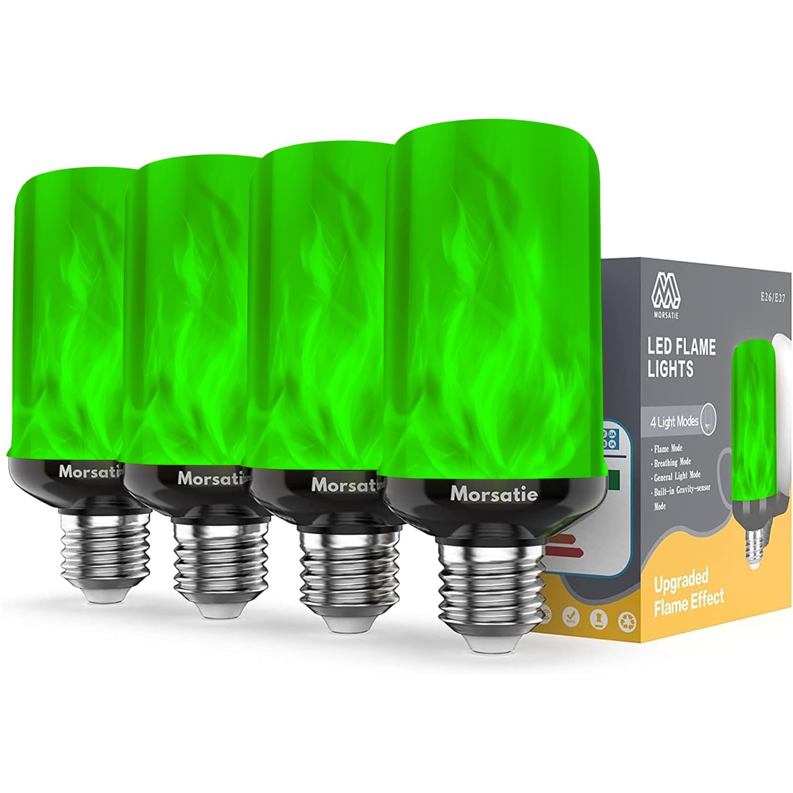 Morsatie LED Flame Light Bulbs, 4-Mode Flickering, E26, Green, 4 Pack
