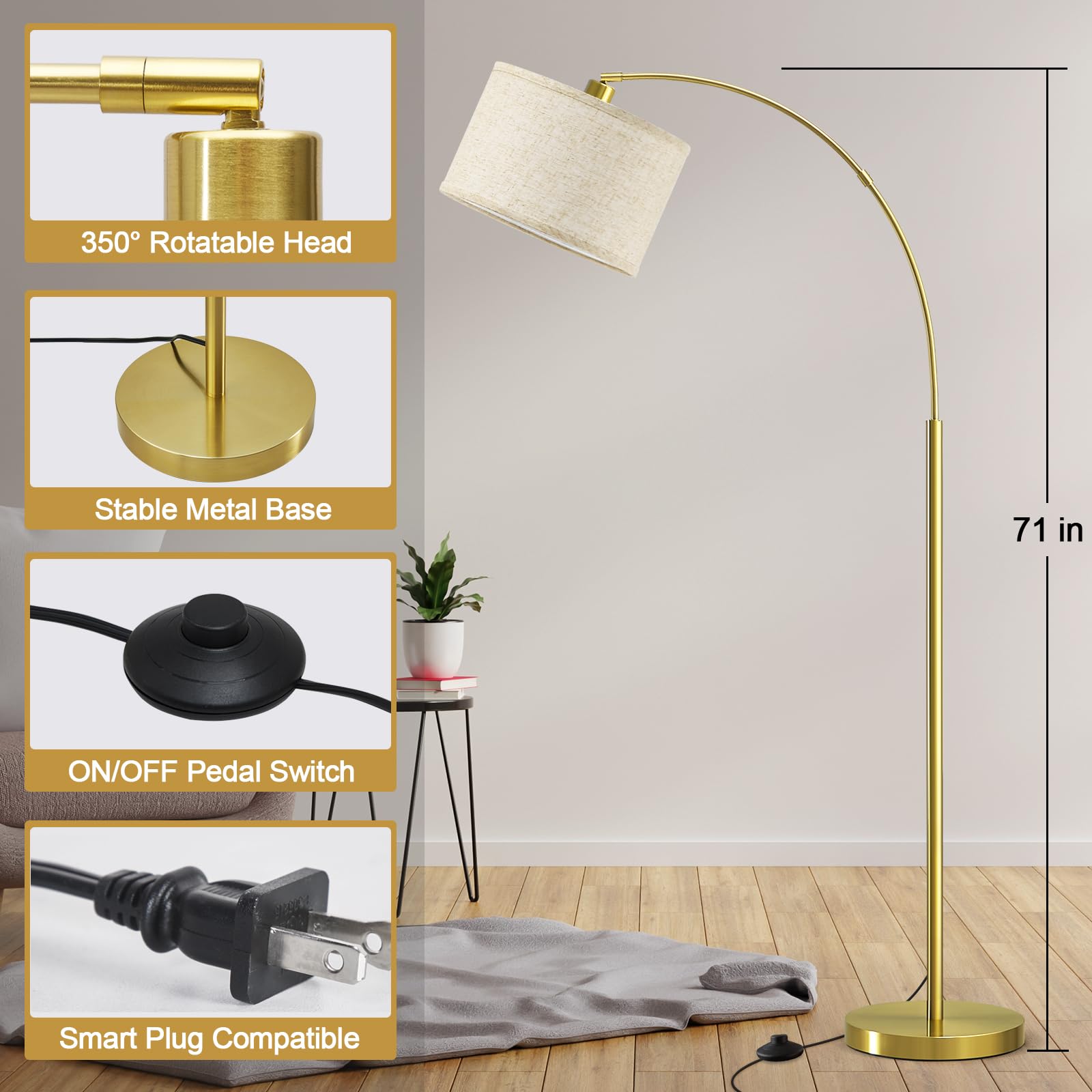 Luvkczc Arc Floor Lamp, 71'' Tall Standing Lamp With On/Off Foot Switch, Gold Floor Lamp For Living Room With Adjustable Drum La