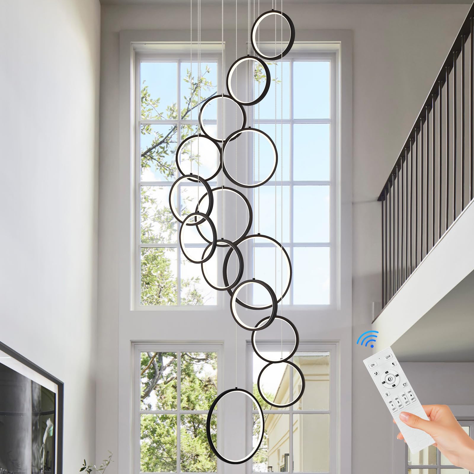 Sparklelf 14 Rings Modern Led Chandelier For High Ceiling Dimmable Black Contemporary Foyer Long Chandelier For Entryway, Long P