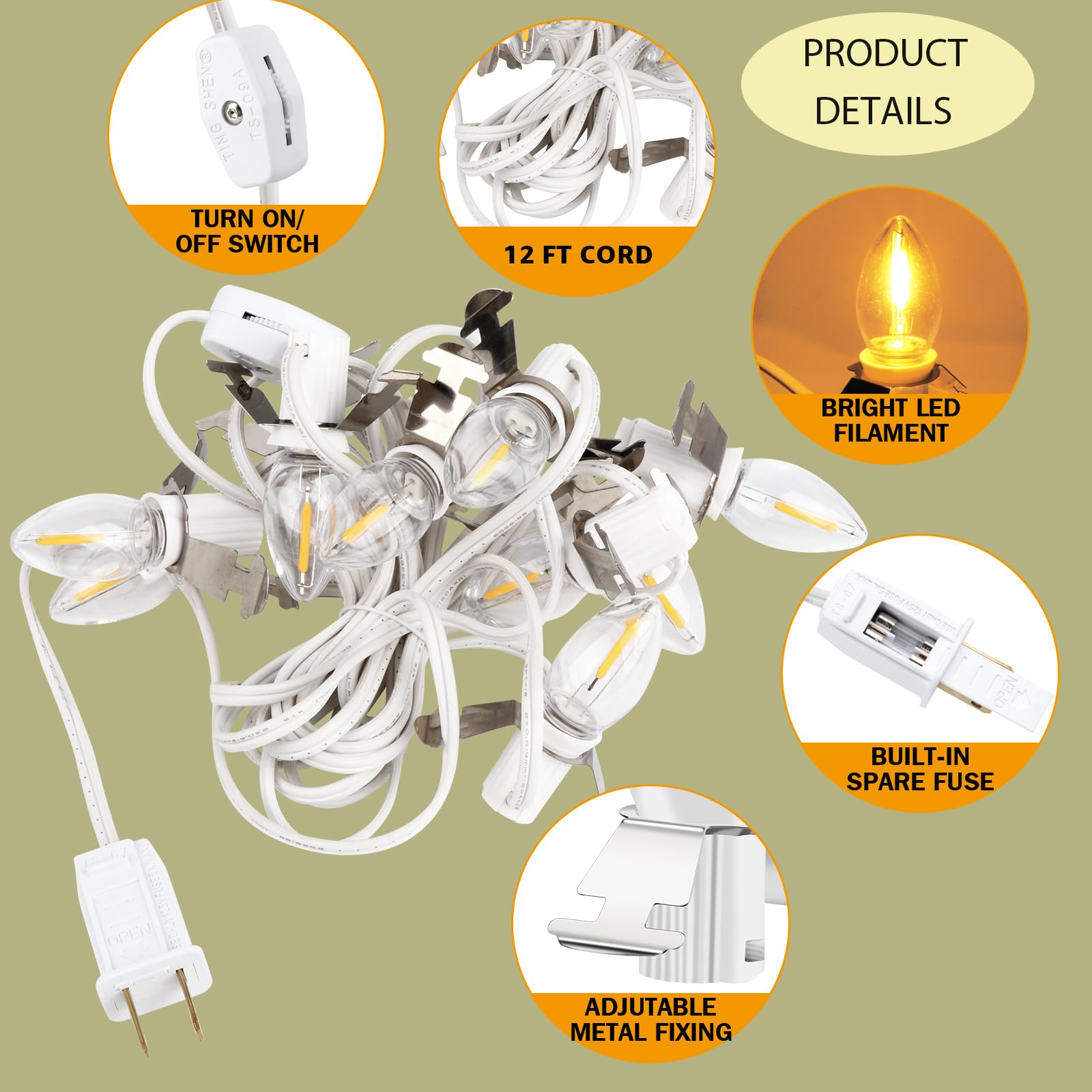 Kzfuli Christmas Village Blow Molded Light Cord 6 Bulb, C7 Led Christmas Village Lights. Length 12 Feet Suitable For Christmas House, Halloween Pumpkin, Salt Lamps,Holiday Lighting Etc(2Pcs)