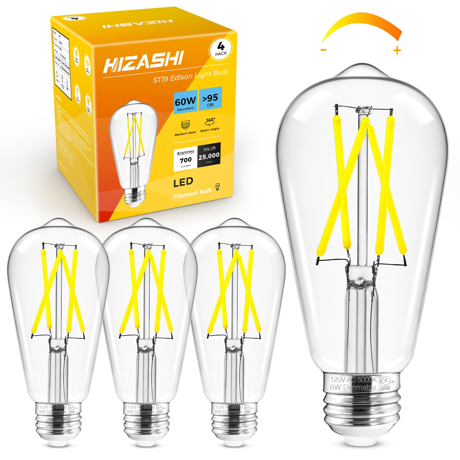Hizashi LED Edison Bulbs, Dimmable E26, 6W Equivalent to 60W, 700 Lumens, Daylight 5000K, Clear Glass, Pack of 