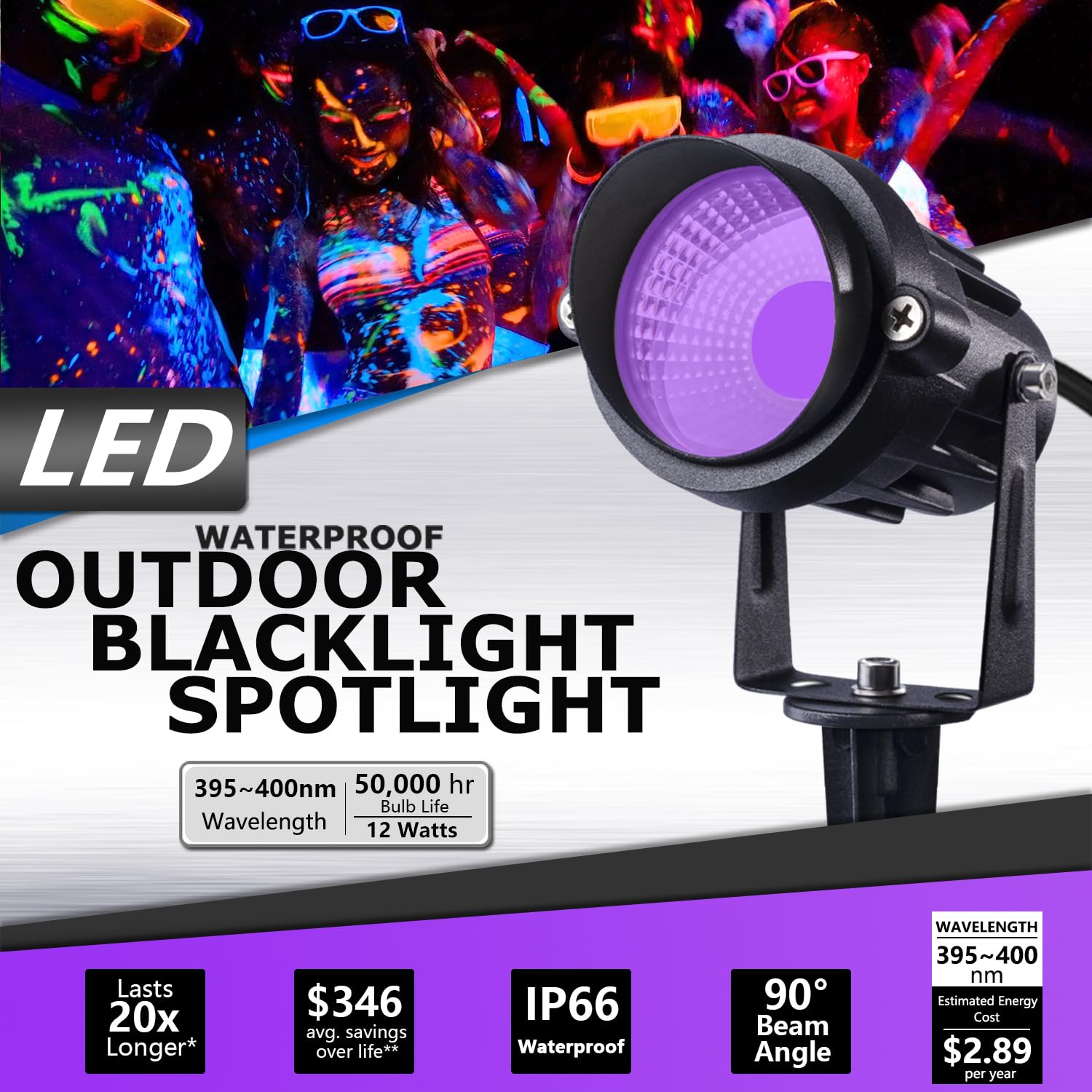 Sunvie 6 Pack Black Light Spotlight Outdoor 12W Halloween Led Black Lights 120V Outdoor Blacklight Spotlight Waterproof Outdoor Halloween Black Light Spot Light For Glow Party Fluorescent Body Paint