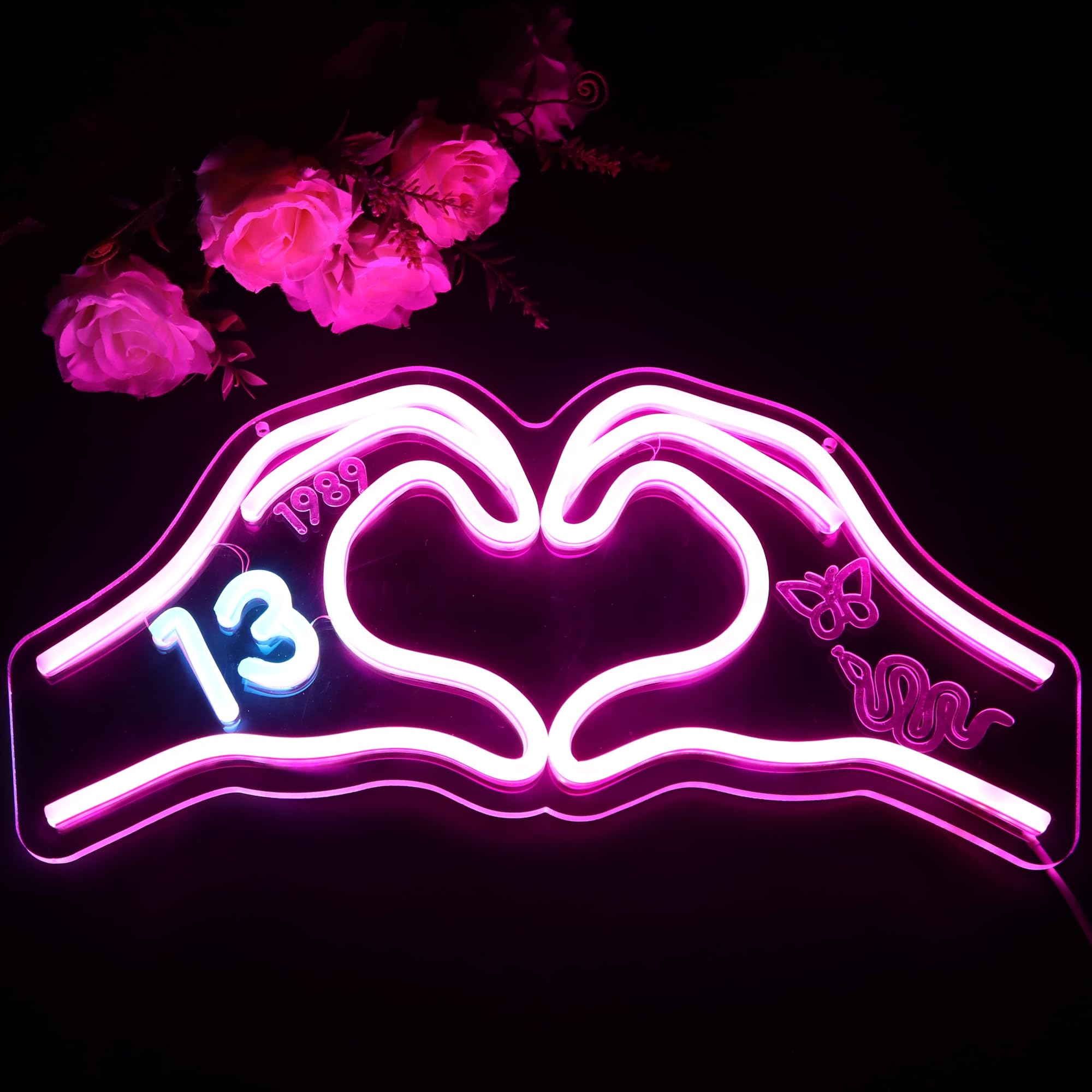 HMASYO Heart Hands Neon Sign Light, Pink Acrylic 15.7in with Dimmer, Model 2411A - LED Wall Art for Bedroom, Game Room, Party Decor