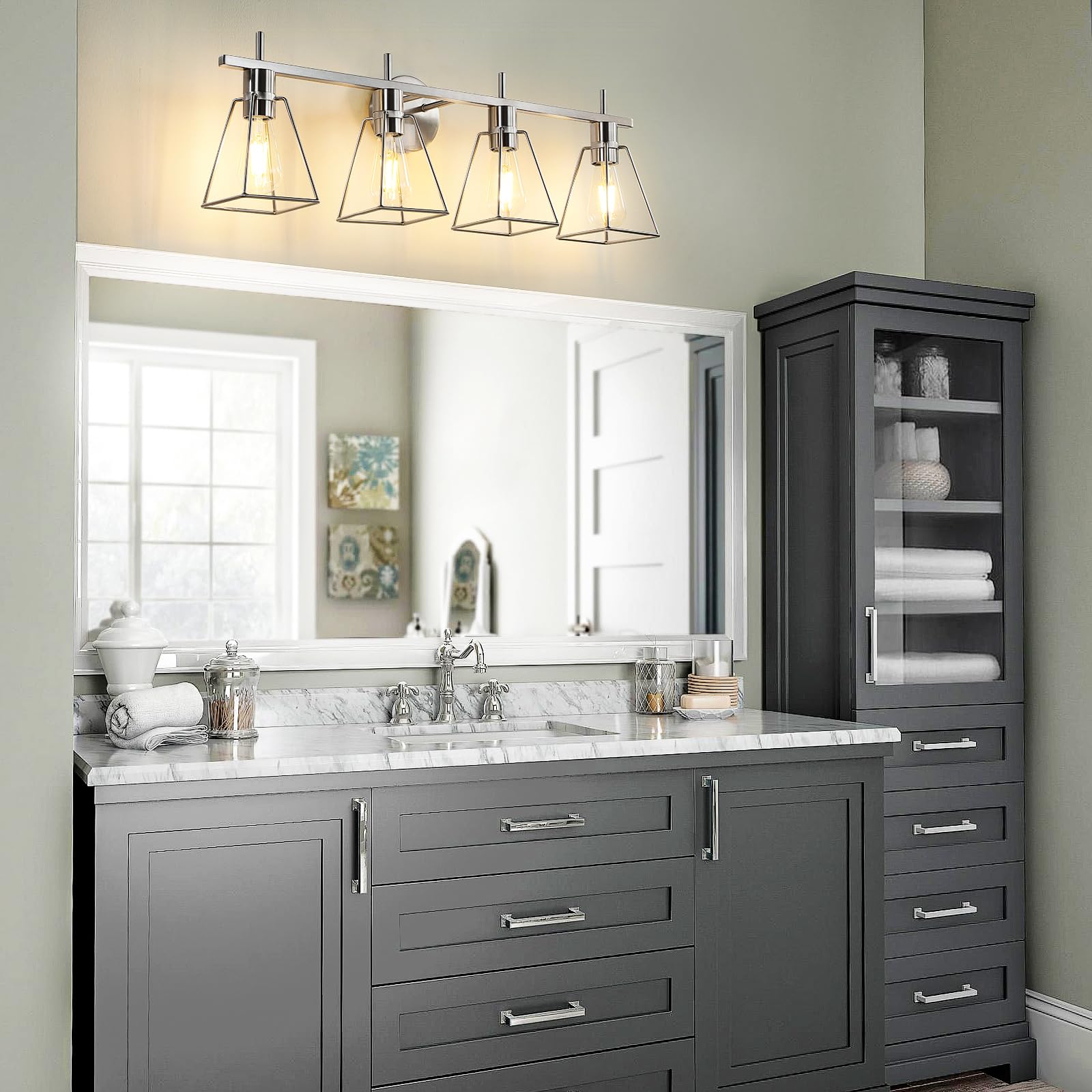 HAHZT 4-Light Industrial Bathroom Vanity Lights, Brushed Nickel Metal Cage Sconce, Model 8065ML, Rustic Farmhouse Fixture for Bath or Hallway