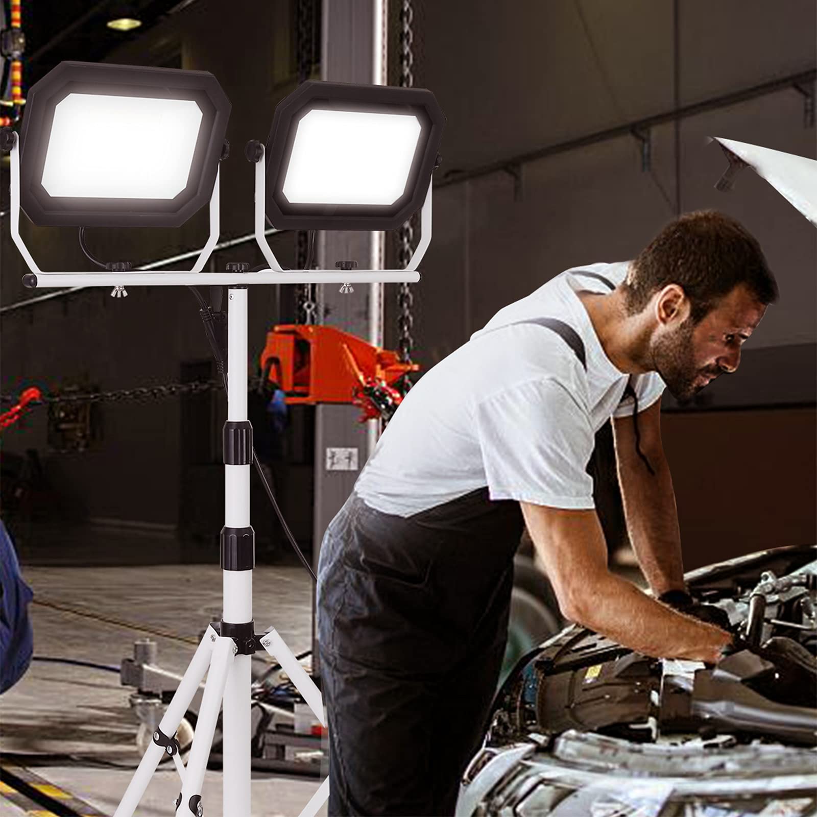 Ufond 20000 Lumen Work Lights With Stand, 200W Dual Head Led Work Light, Waterproof Lamp With Individual Switch, Adjustable Metal Telescoping Tripod 10Ft Power Cord