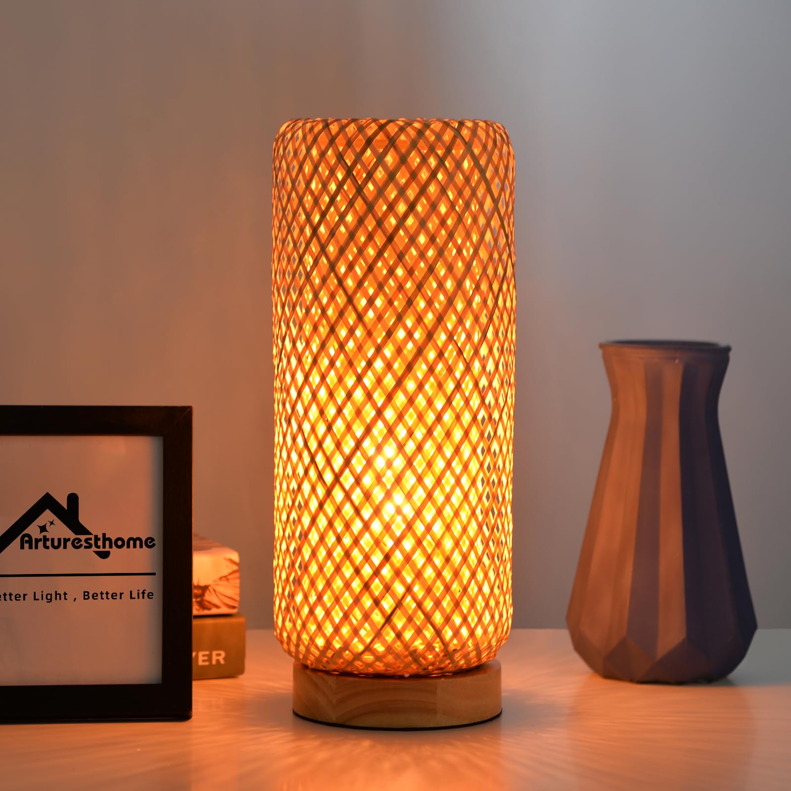 Arturesthome Bamboo Desk Light Woven Boho Beside Lamp Vintage Wicker Wooden Nightstand Lamp For Living Room,Kids Room,Nursery Ro