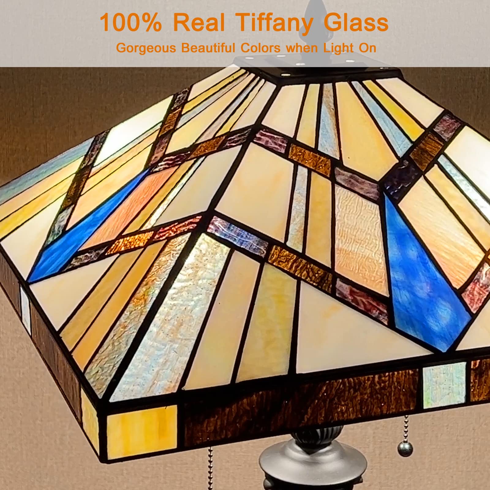 Capulina Tiffany Style Floor Lamp - 2-Light Stained Glass, 16x16x63 Inch, Cream Amber, Antique Mission Style for Living Room/Bedroom